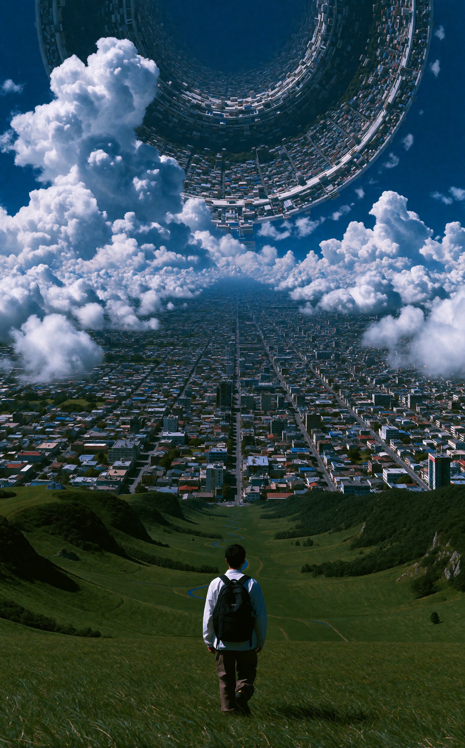 A wide-angle,  dreamcore landscape shot of a person with a backpack walking down a grassy hill toward a massive,  endless...
