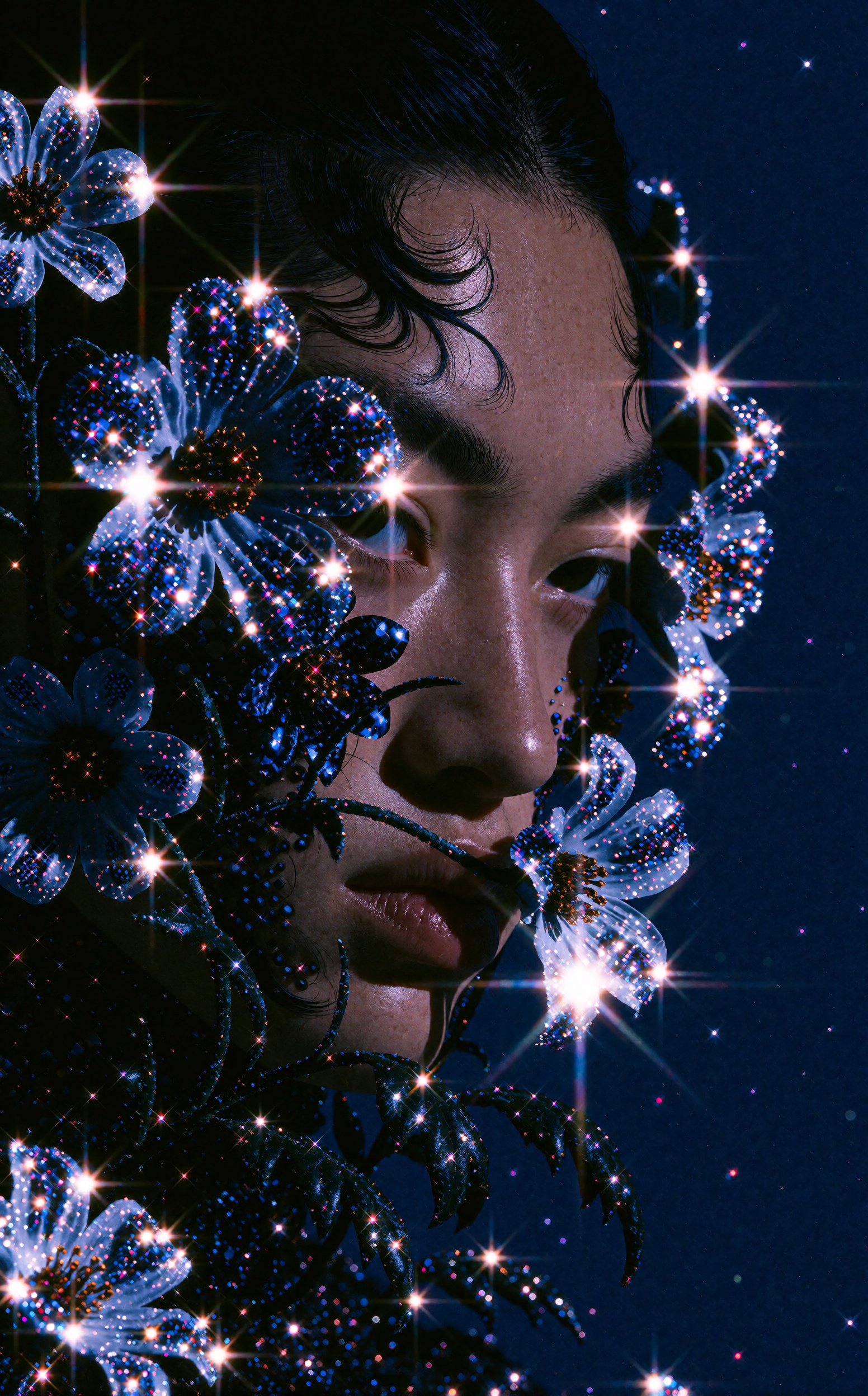 A 1990s vintage style portrait of a woman's face partially obscured by dense 3d floral objects,  enveloped in a moody,  no...