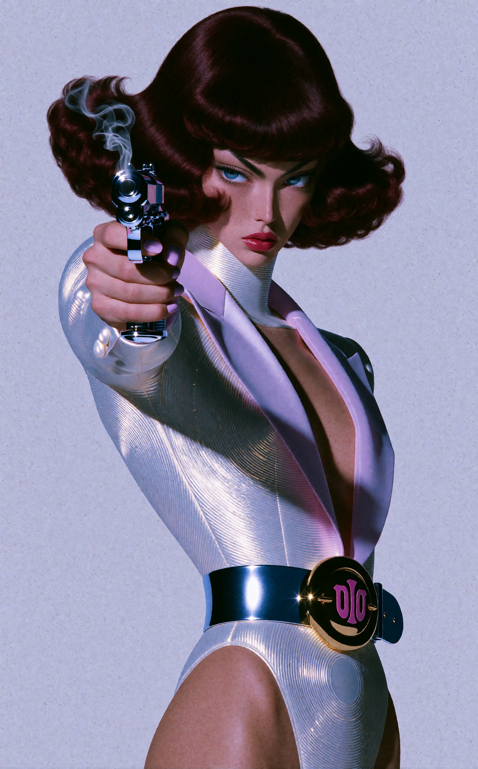 A retro-futuristic anime heroine with a voluminous dark auburn bob,  flipped ends and full bangs aims a polished chrome pi...
