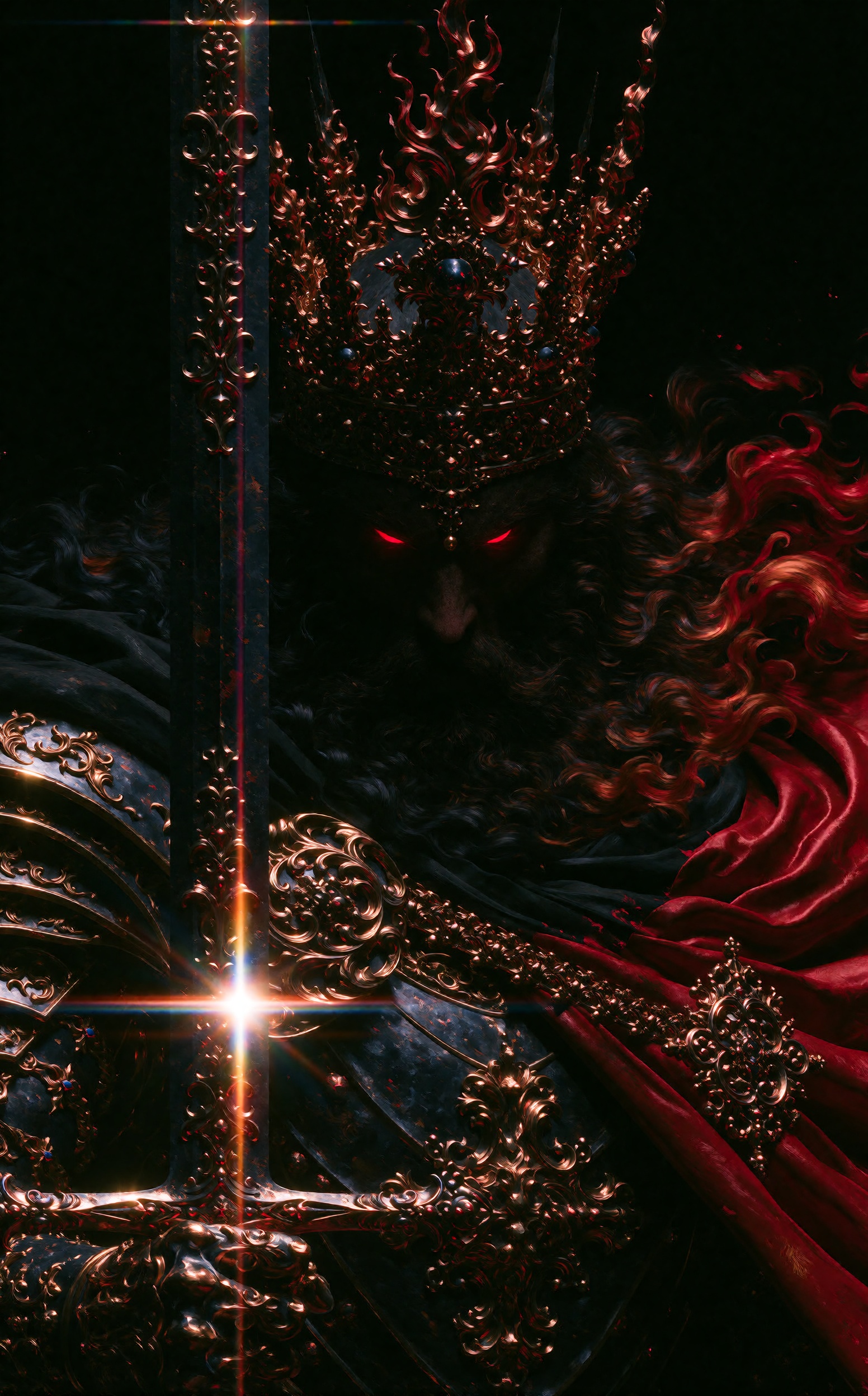 Dark fantasy oil painting of an ominous demonic sovereign wearing an impossibly ornate baroque crown of molten gold and co...