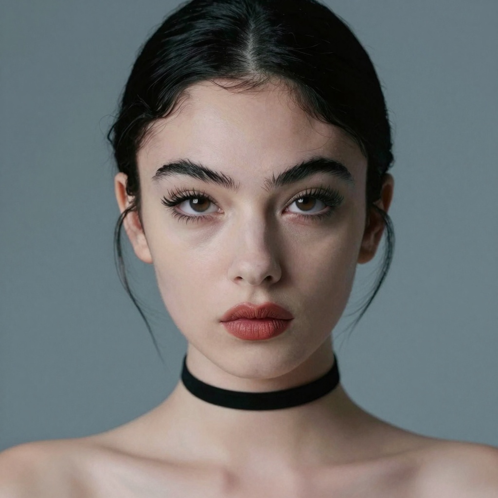 A high-angle portrait features a young woman with a striking,  symmetrical face and an intense,  direct gaze. She has dark...