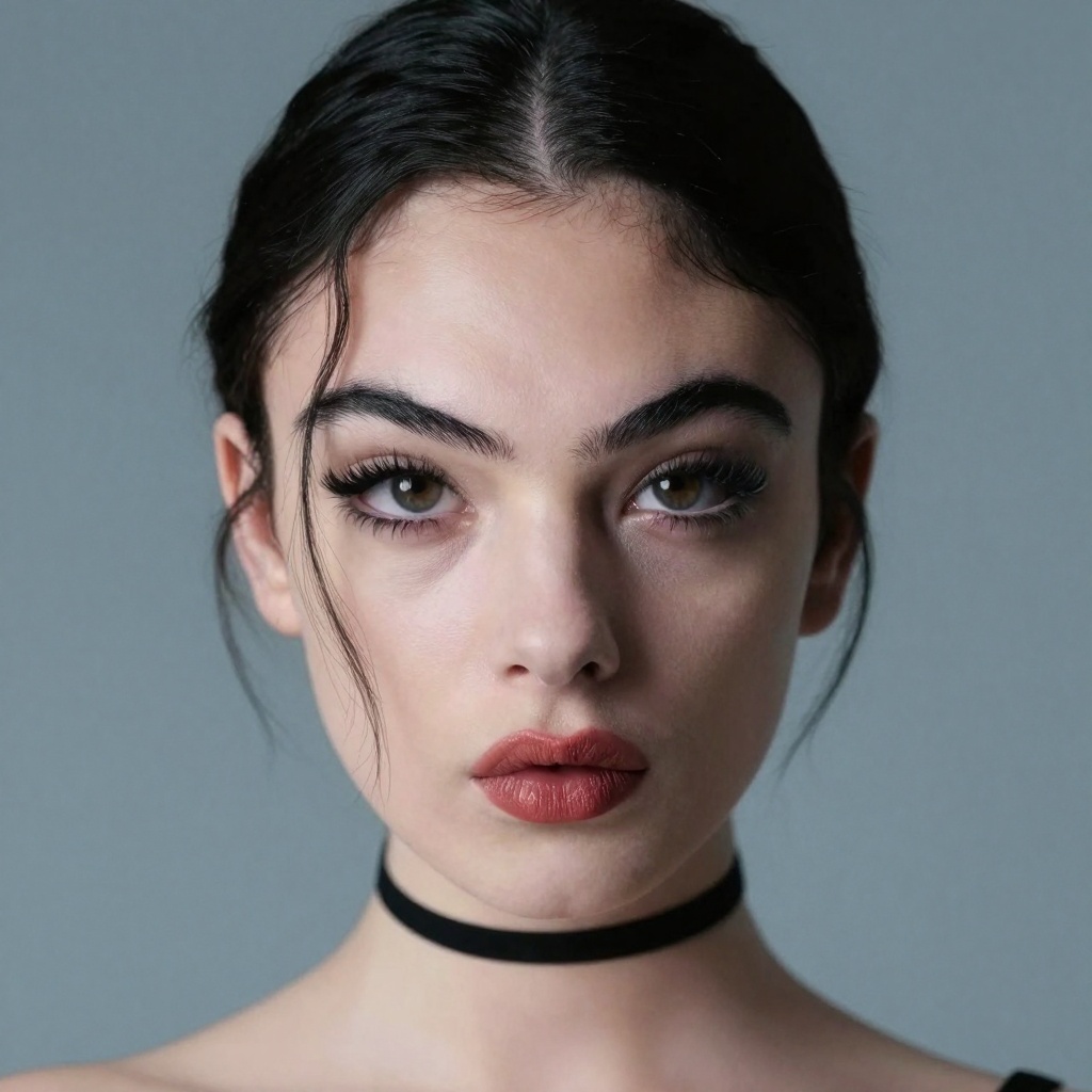 A high-angle portrait features a young woman with a striking,  symmetrical face and an intense,  direct gaze. She has dark...