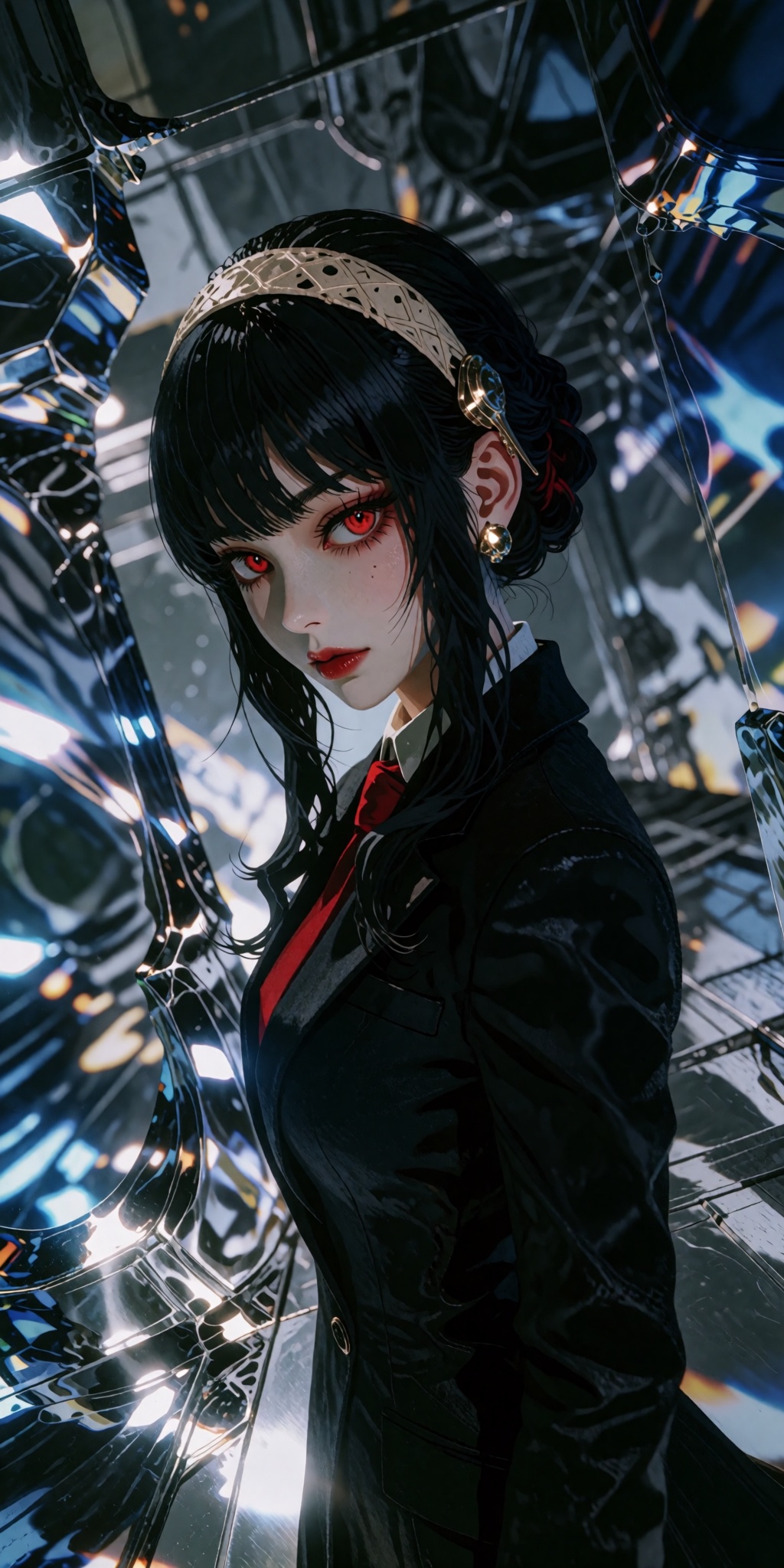 A breathtaking masterwork of digital art featuring a solo young woman with striking red eyes and pin-straight black hair w...