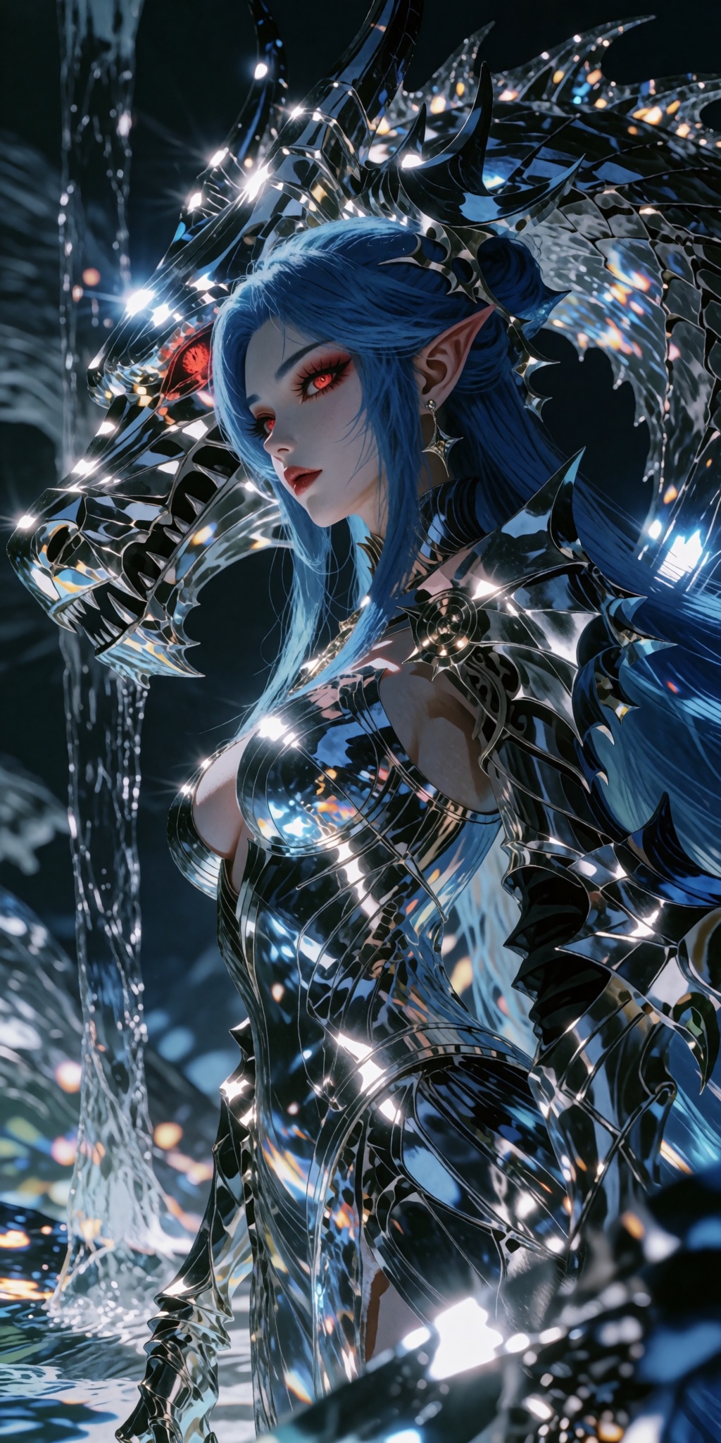 A breathtakingly detailed digital masterpiece portraying a sovereign Chinese Dragon Queen wrapped in a palpable,  majestic...