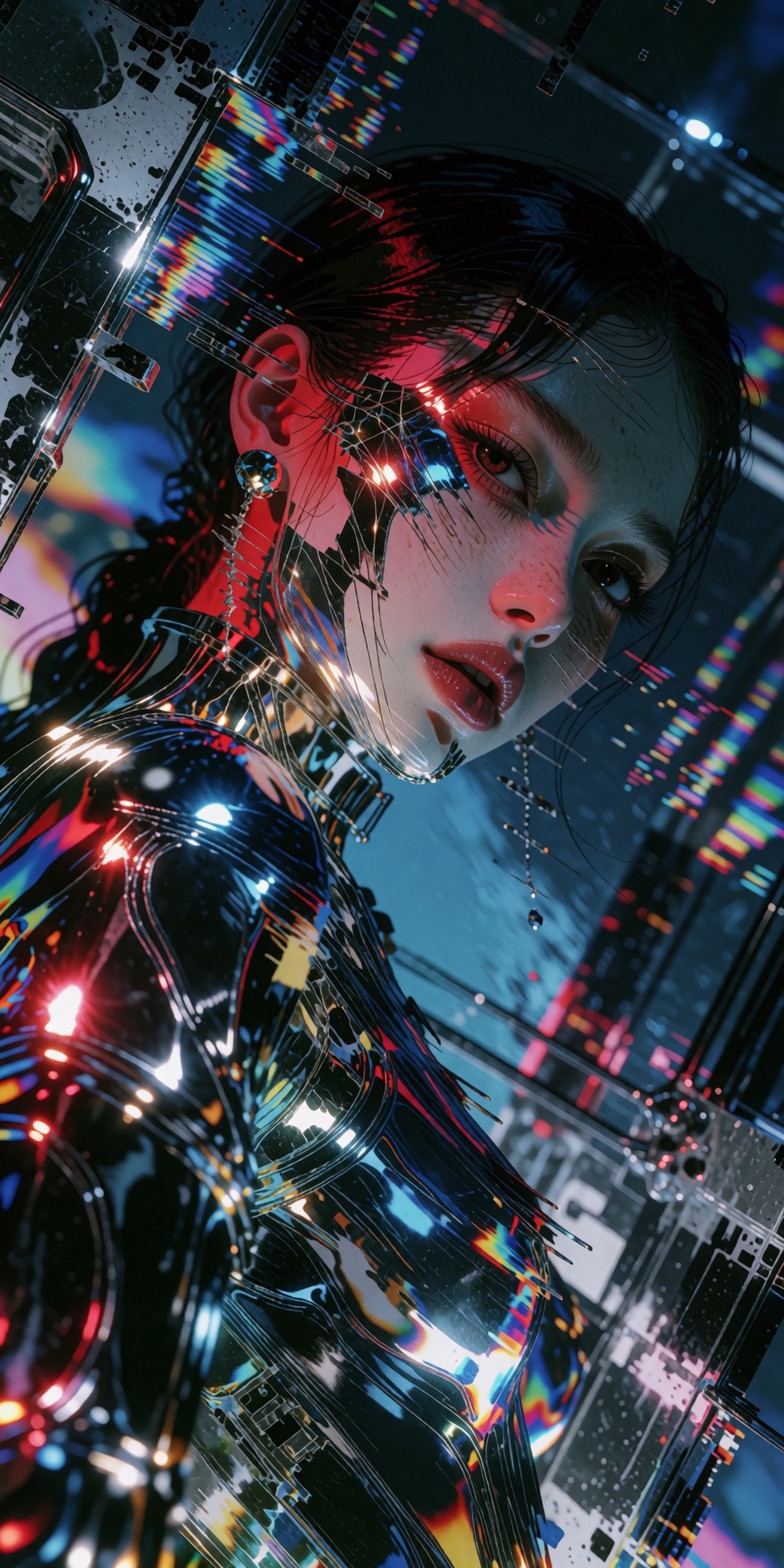 A mesmerizing digital art masterpiece of a surreal,  avant-garde portrait of a young woman caught in a sophisticated colli...