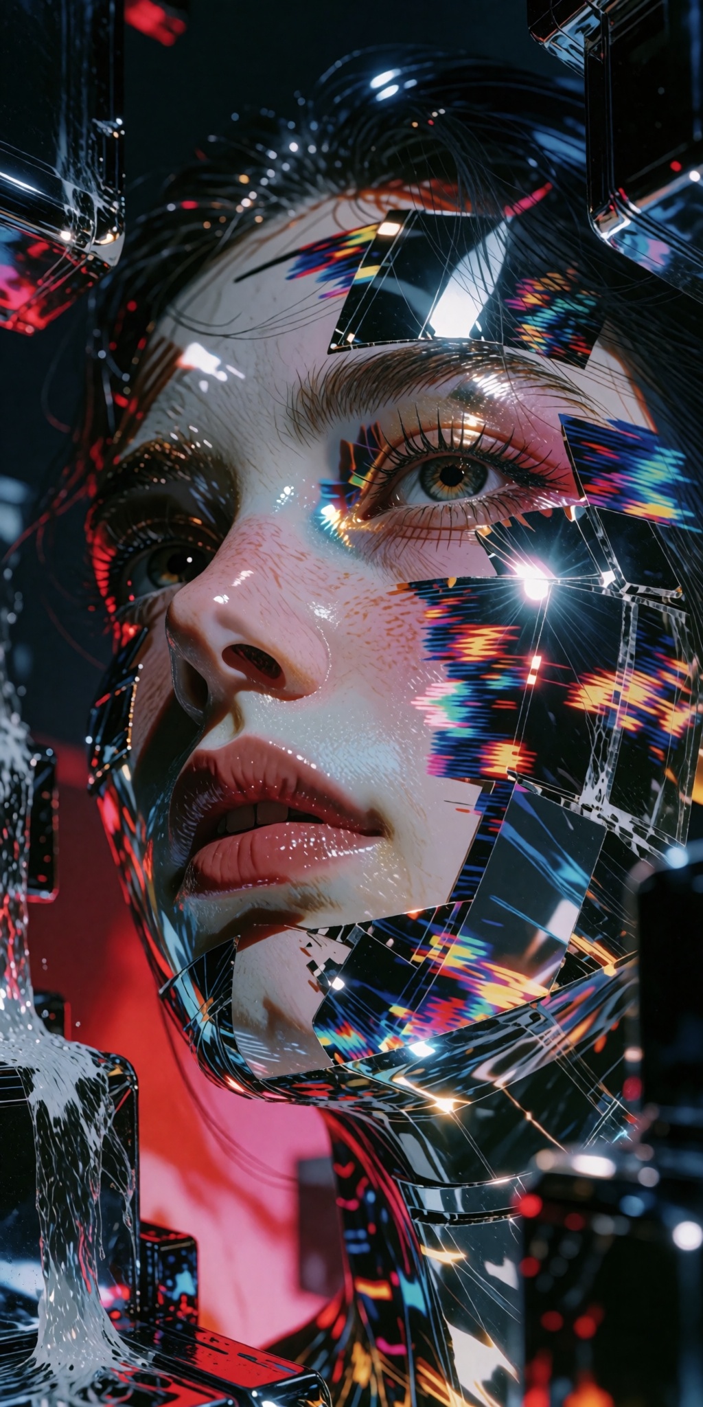 A breathtakingly detailed digital masterpiece depicting an experimental 1980s retro-futuristic collage portrait of a young...
