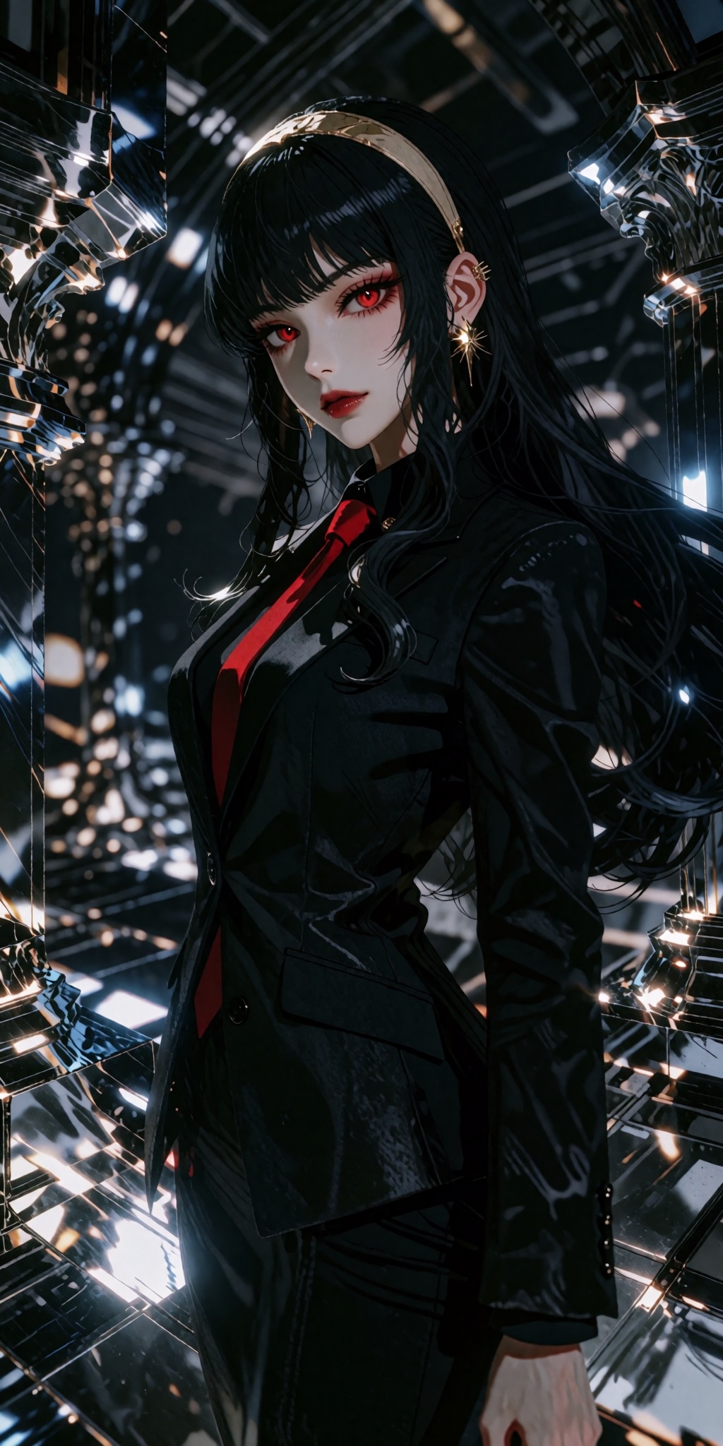 An ultra-detailed digital masterpiece depicting a solo elegant woman with intense red eyes and raven-black long hair,  str...