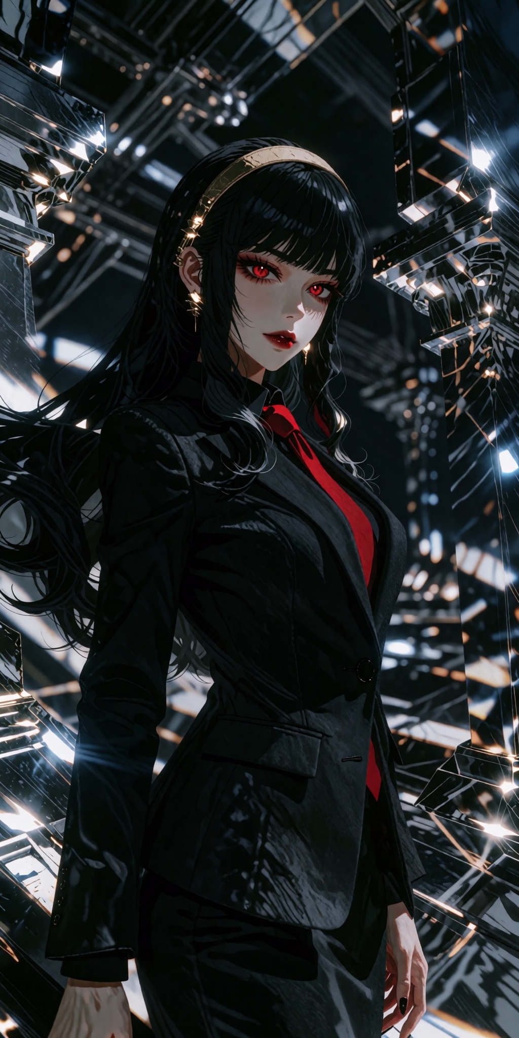 An ultra-detailed digital masterpiece depicting a solo elegant woman with intense red eyes and raven-black long hair,  str...