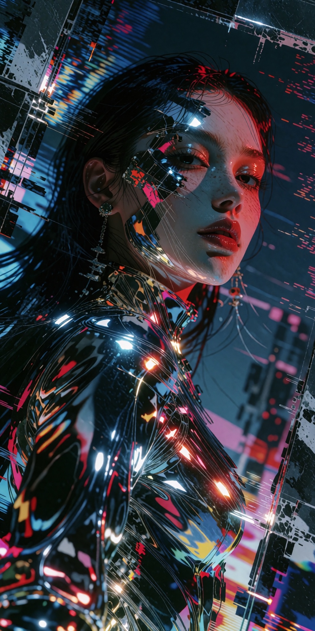 A mesmerizing digital art masterpiece of a surreal,  avant-garde portrait of a young woman caught in a sophisticated colli...