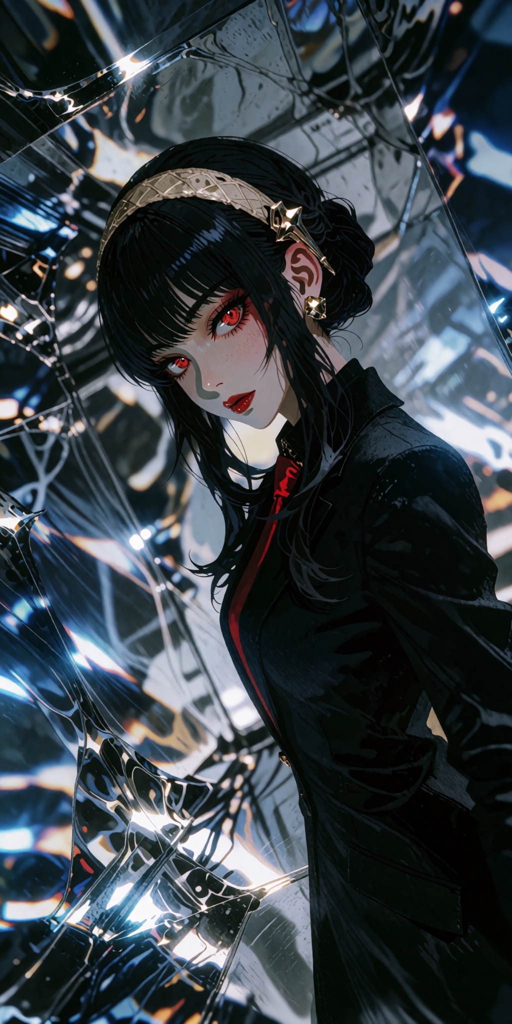 A breathtaking masterwork of digital art featuring a solo young woman with striking red eyes and pin-straight black hair w...