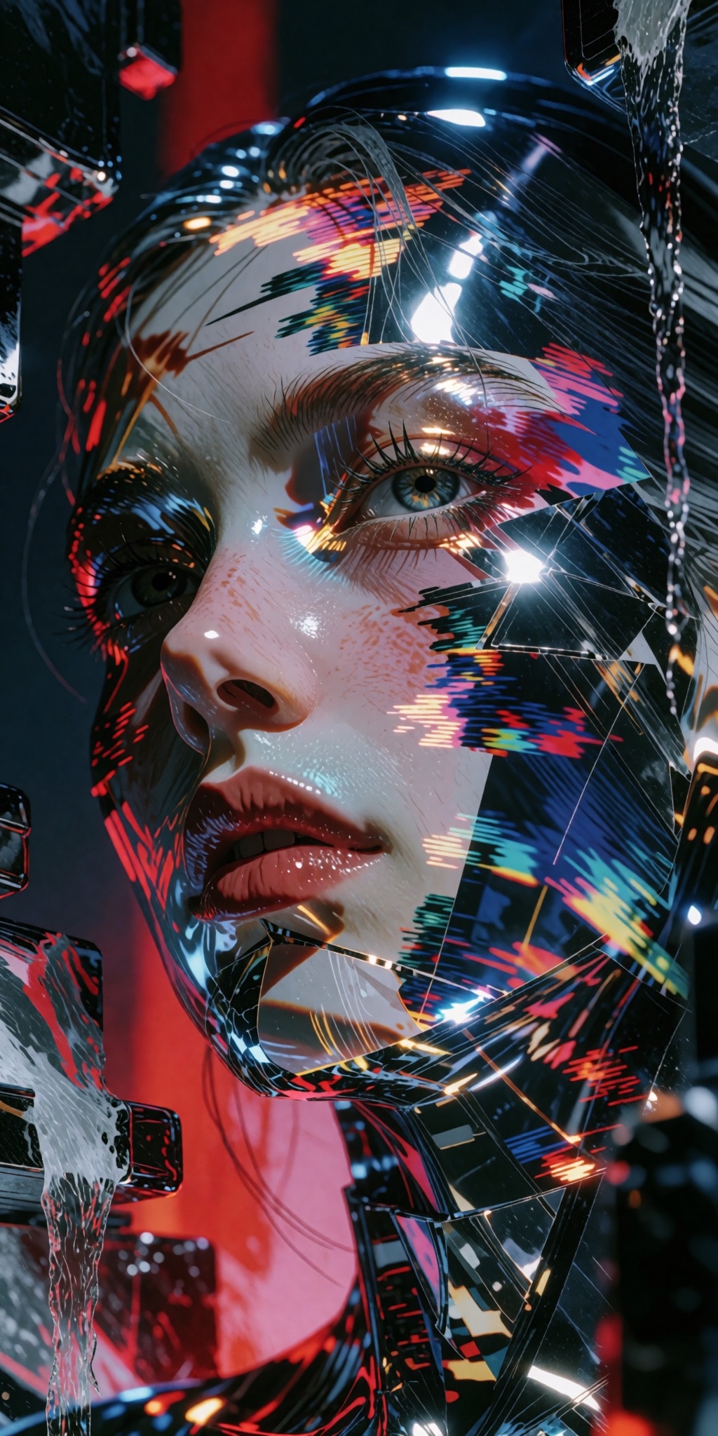 A breathtakingly detailed digital masterpiece depicting an experimental 1980s retro-futuristic collage portrait of a young...