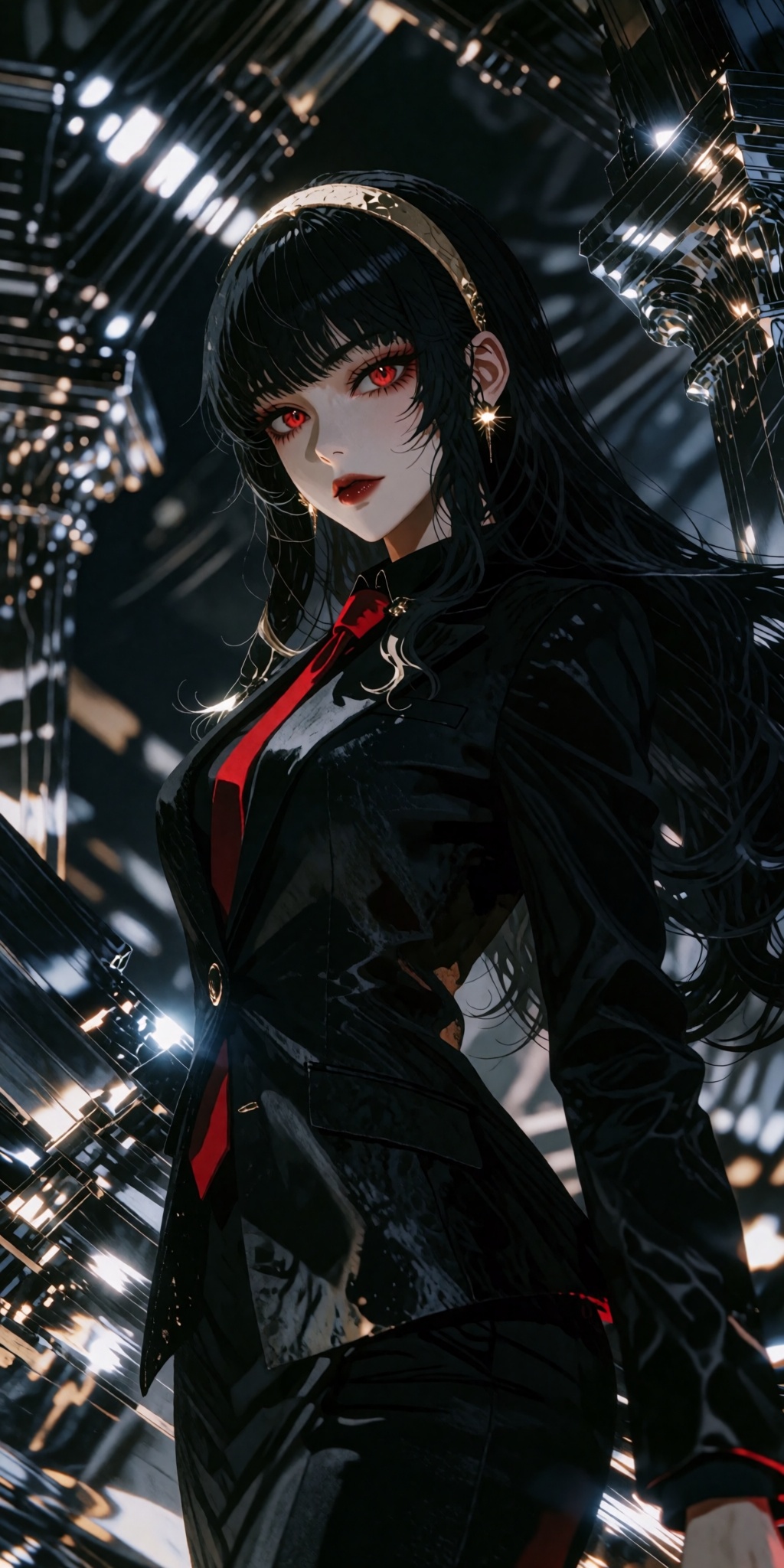 An ultra-detailed digital masterpiece depicting a solo elegant woman with intense red eyes and raven-black long hair,  str...