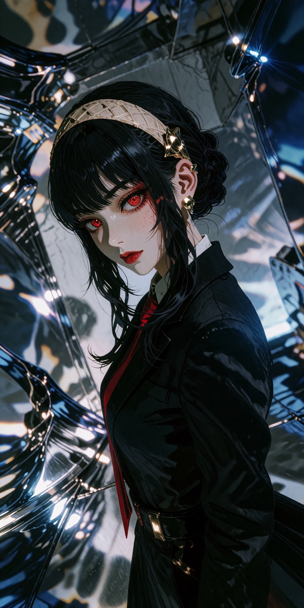 A breathtaking masterwork of digital art featuring a solo young woman with striking red eyes and pin-straight black hair w...
