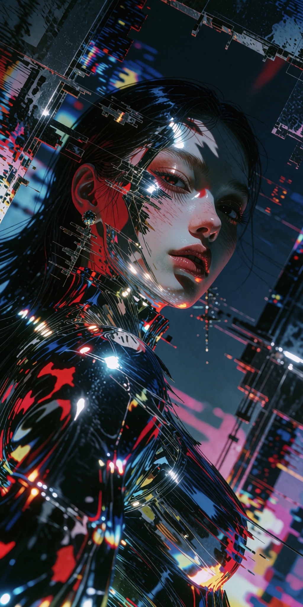 A mesmerizing digital art masterpiece of a surreal,  avant-garde portrait of a young woman caught in a sophisticated colli...