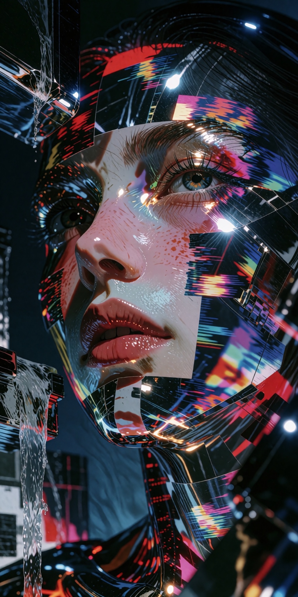 A breathtakingly detailed digital masterpiece depicting an experimental 1980s retro-futuristic collage portrait of a young...