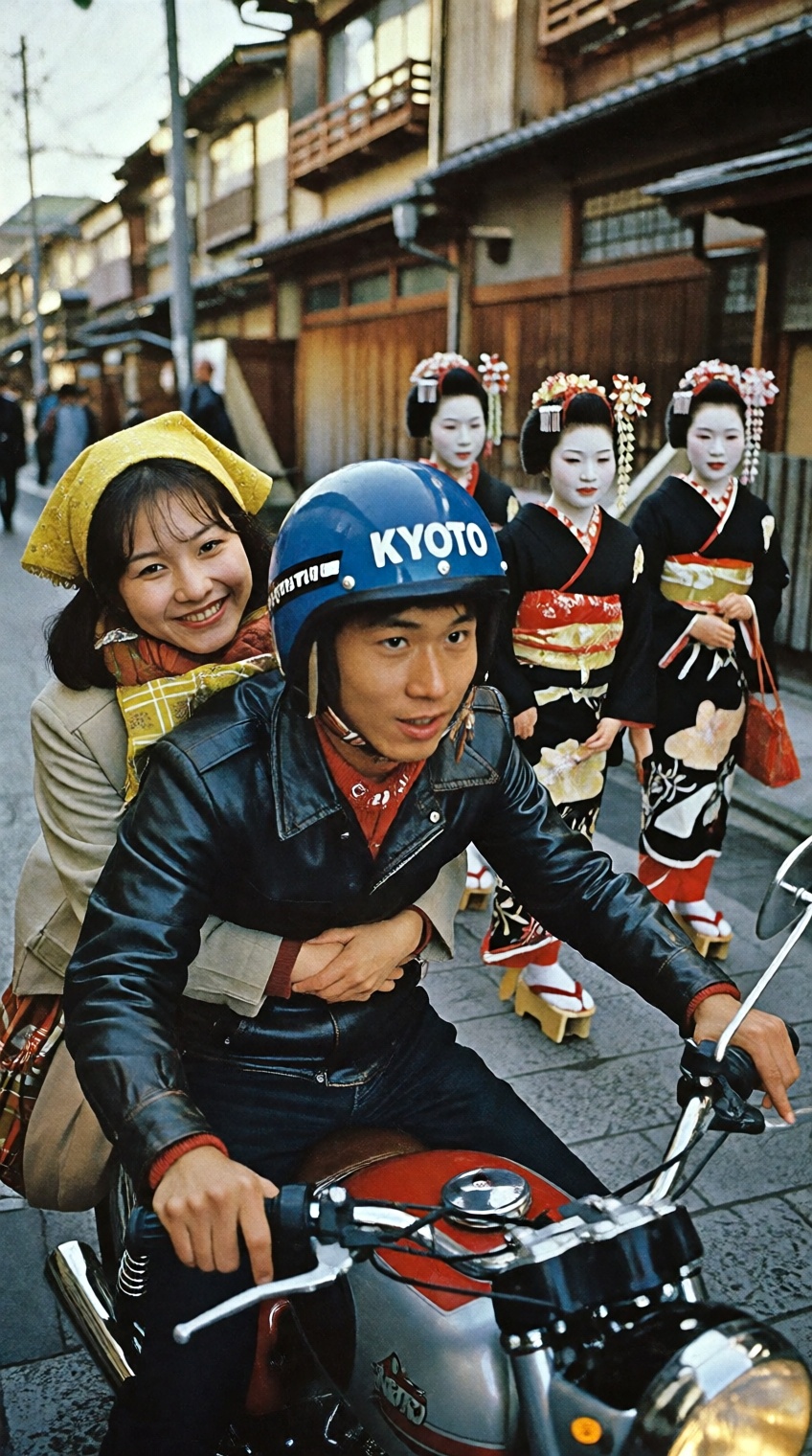 A captivating 1970s Showa-era vintage photograph set in Kyoto,  Japan,  capturing a contrast of tradition and youth cultur...