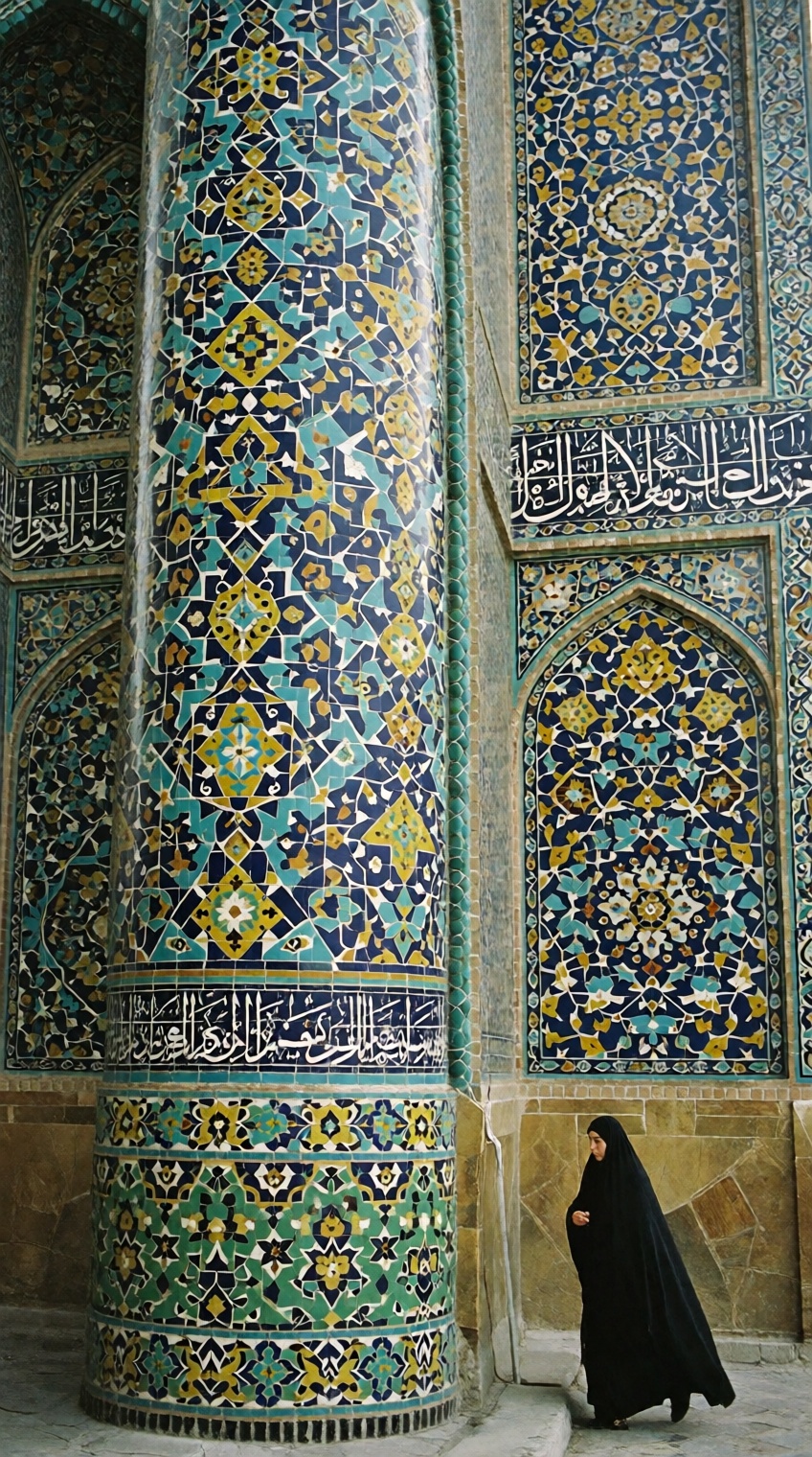 A breathtaking documentary photograph capturing the grand scale of Persian Islamic architecture. A solitary woman in a ful...