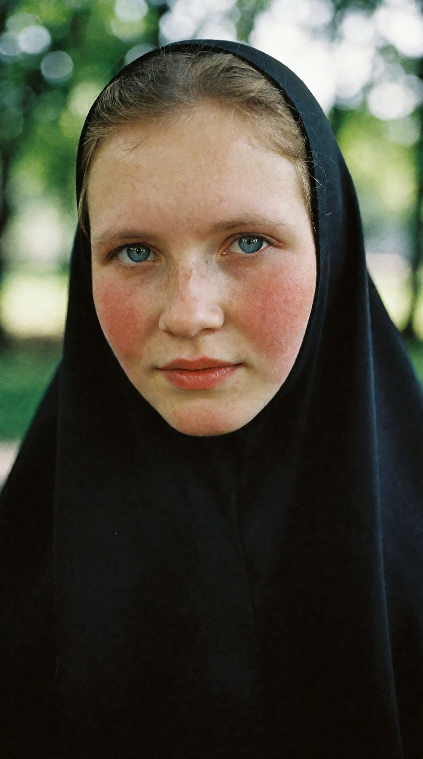 An intimate vintage portrait of a young Slavic woman with fair skin,  subtle freckles,  flushed rosy cheeks on Tensor.Art