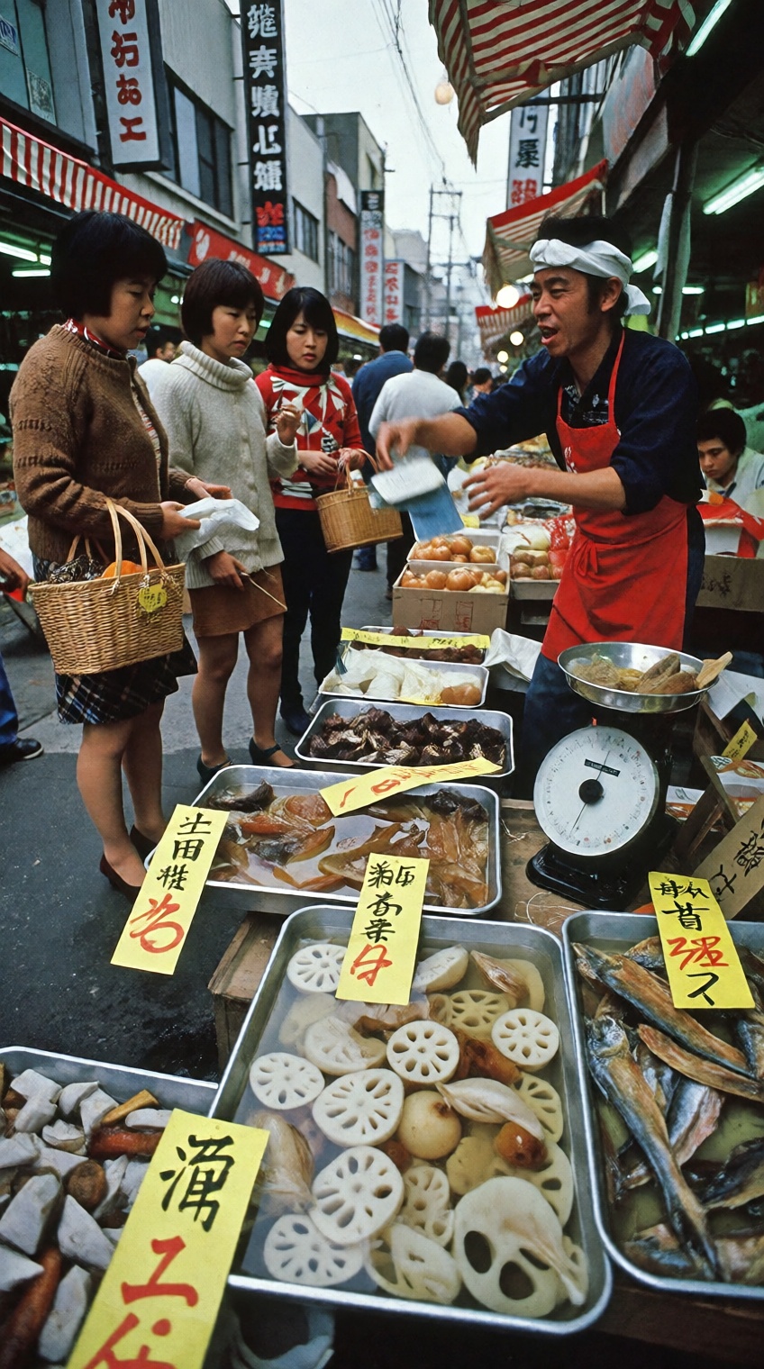 A candid 1970s Showa-era Japanese street market photograph. In the foreground,  metal trays filled with pickled lotus root...