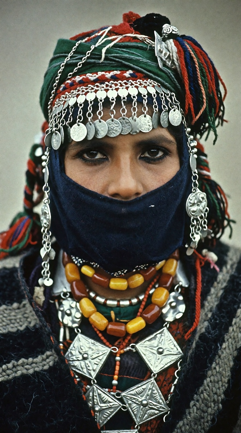 A close-up 1970s documentary portrait of a North African Berber woman with intense kohl-lined eyes gazing forward. A dark...