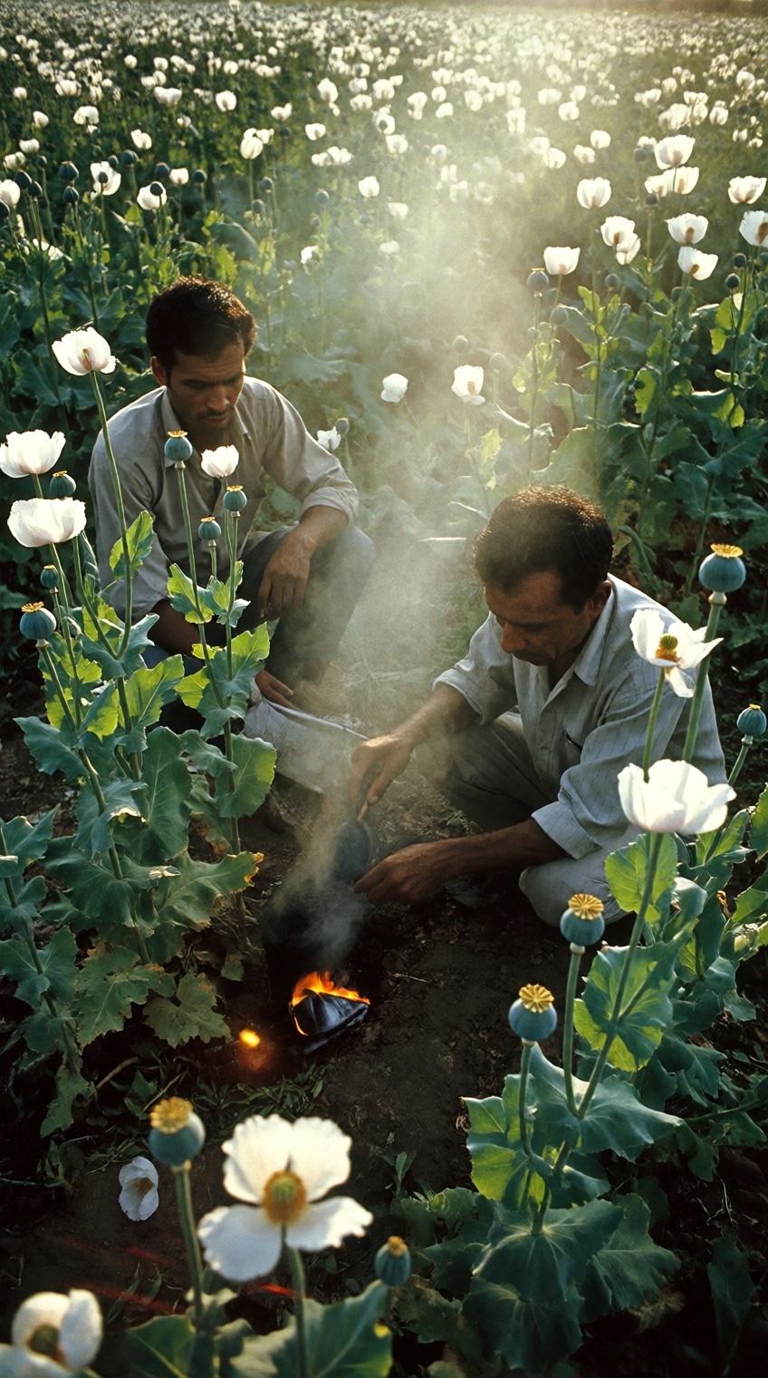 A poignant 1970s documentary photograph of two South Asian farmers crouching in an expansive field of white opium poppy pl...