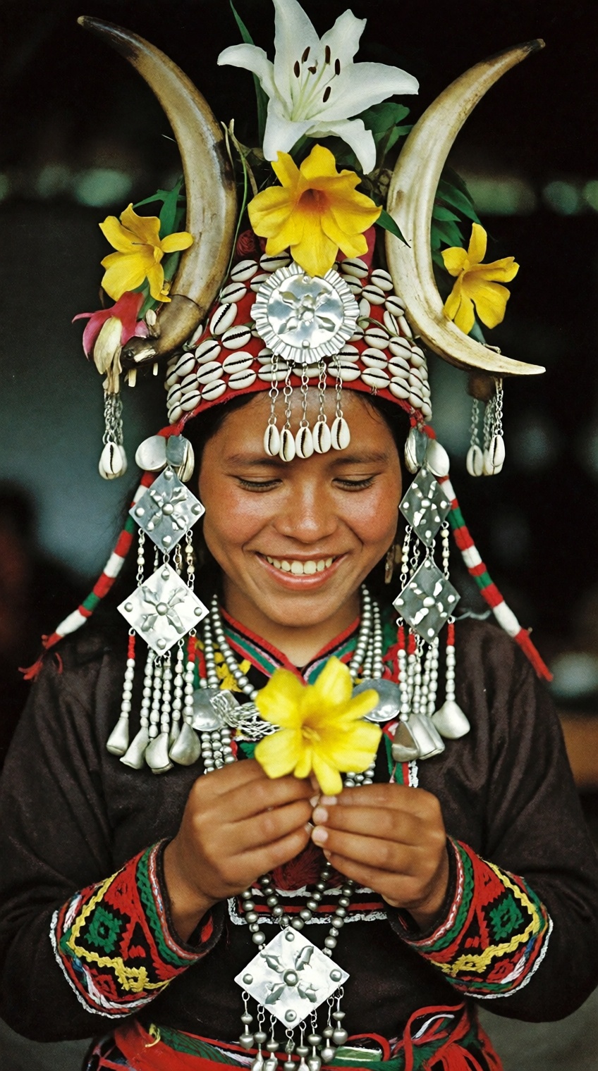 A touching vintage ethnographic portrait of a young indigenous woman in elaborate traditional ceremonial attire,  looking...