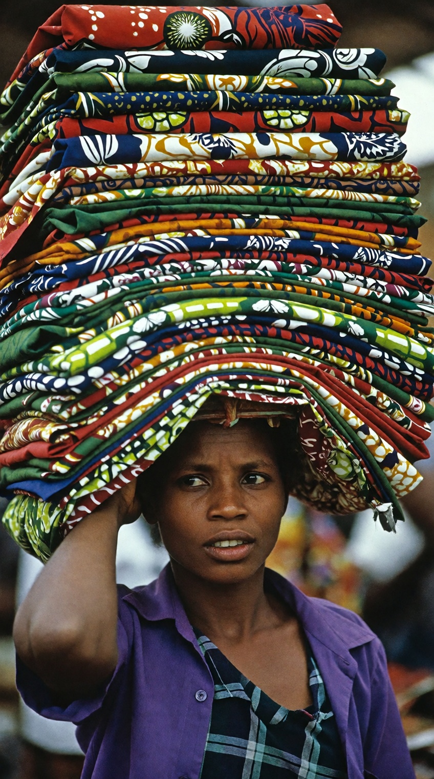 A striking documentary photograph of a West African market woman balancing a massive,  towering stack of folded Ankara wax...