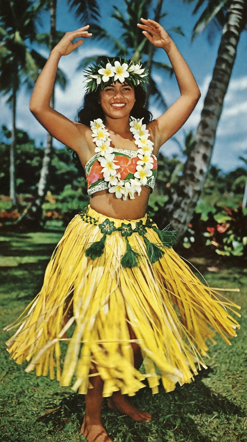 A vibrant 1950s vintage postcard photograph of a smiling Polynesian woman performing a hula dance on a lush tropical islan...