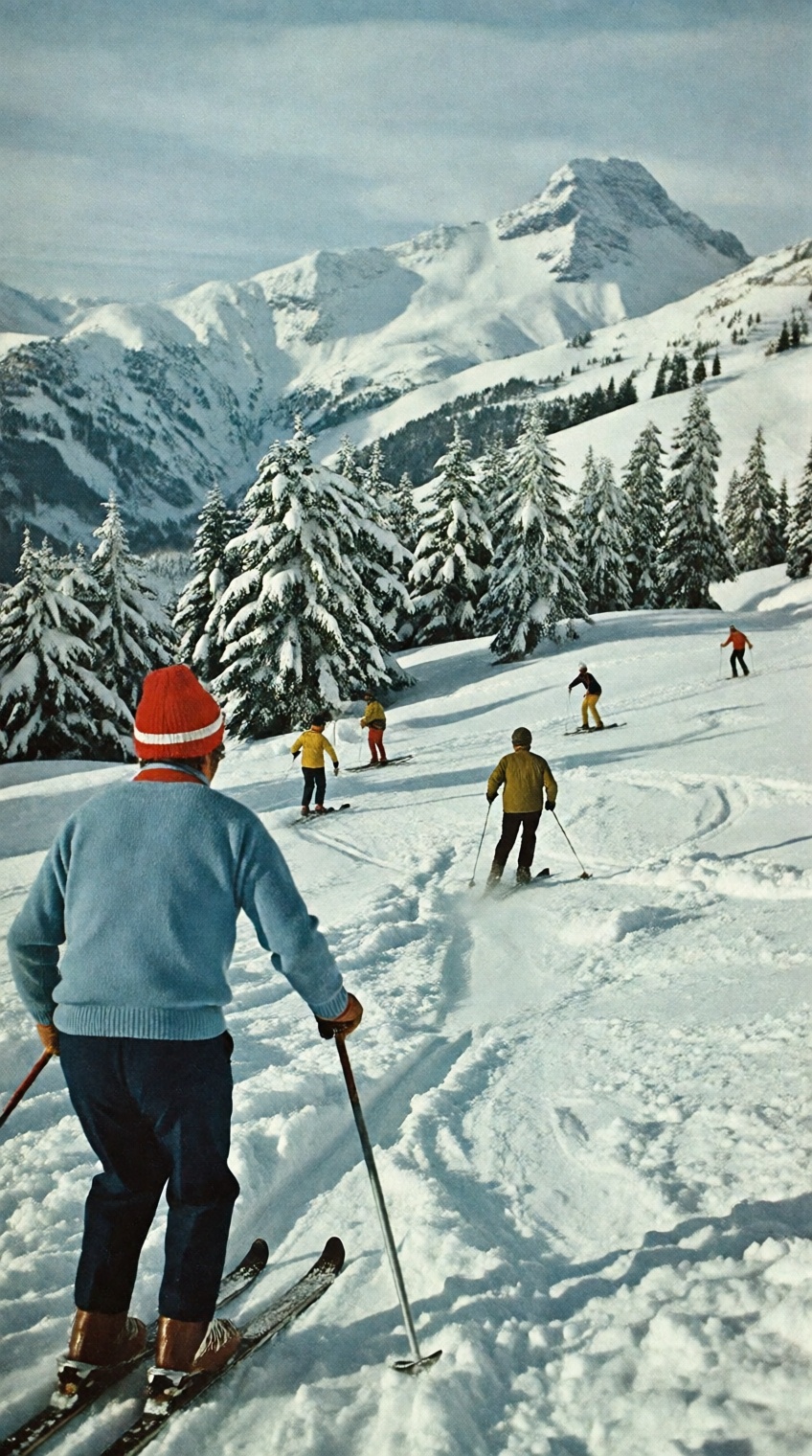 A 1970s vintage photograph of skiers descending a snowy alpine slope,  captured from behind a foreground skier wearing a r...