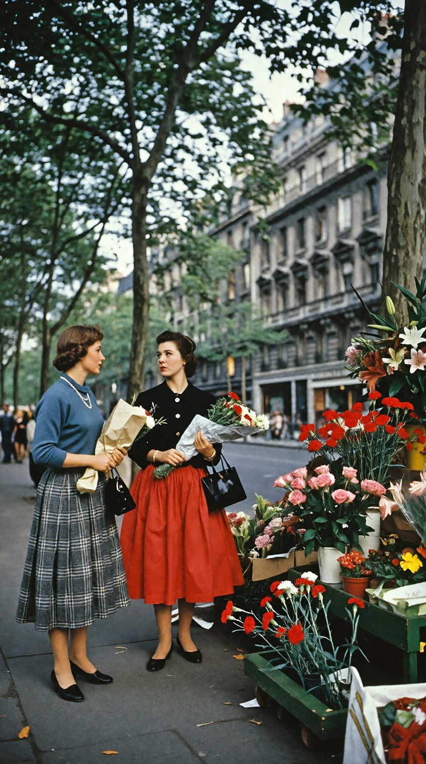 A romantic 1950s street photograph on a tree-lined European boulevard. In the foreground,  two elegant women in 1950s fash...