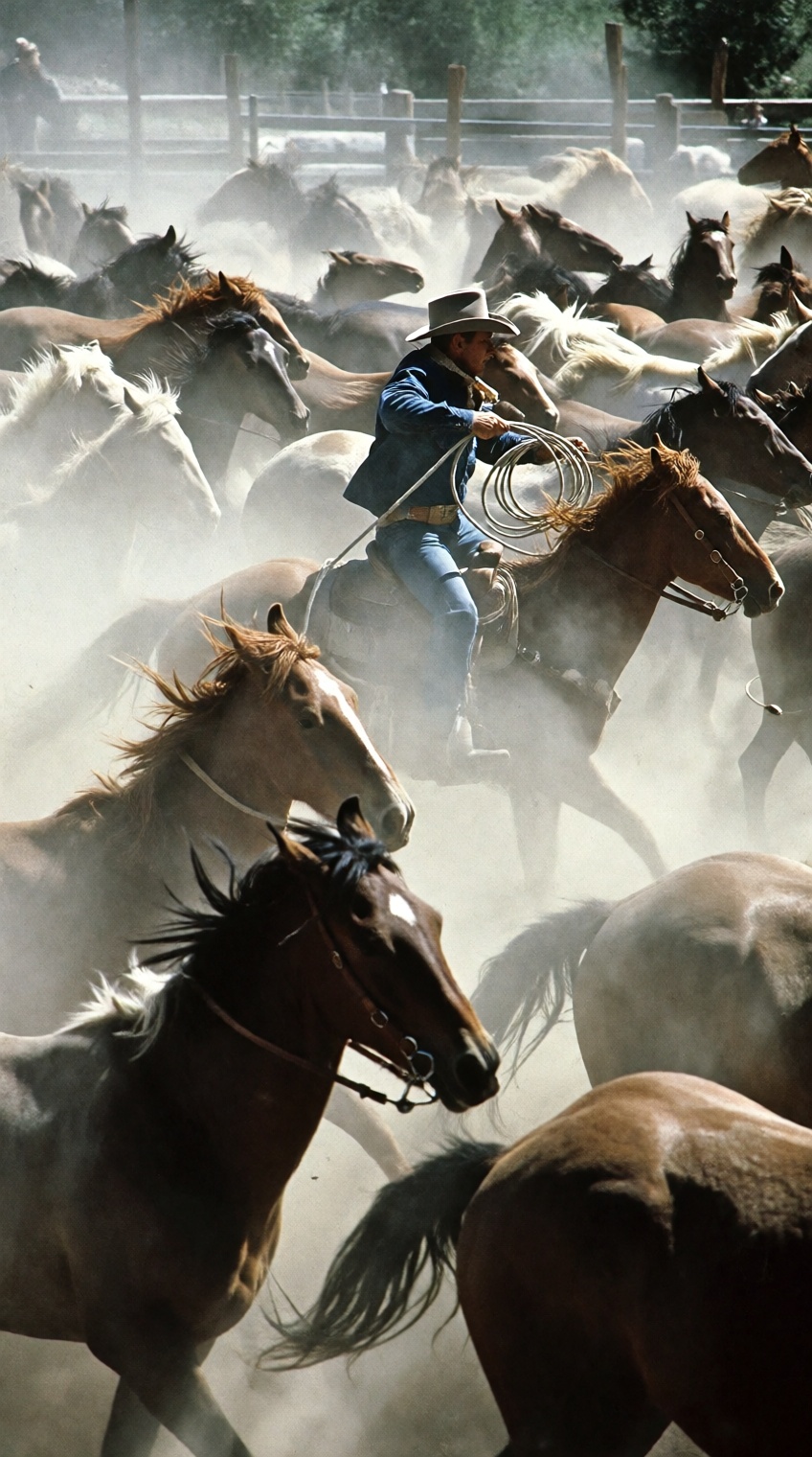 A dynamic 1970s Western action photograph of an American cowboy riding a horse through a stampeding herd of horses in a du...