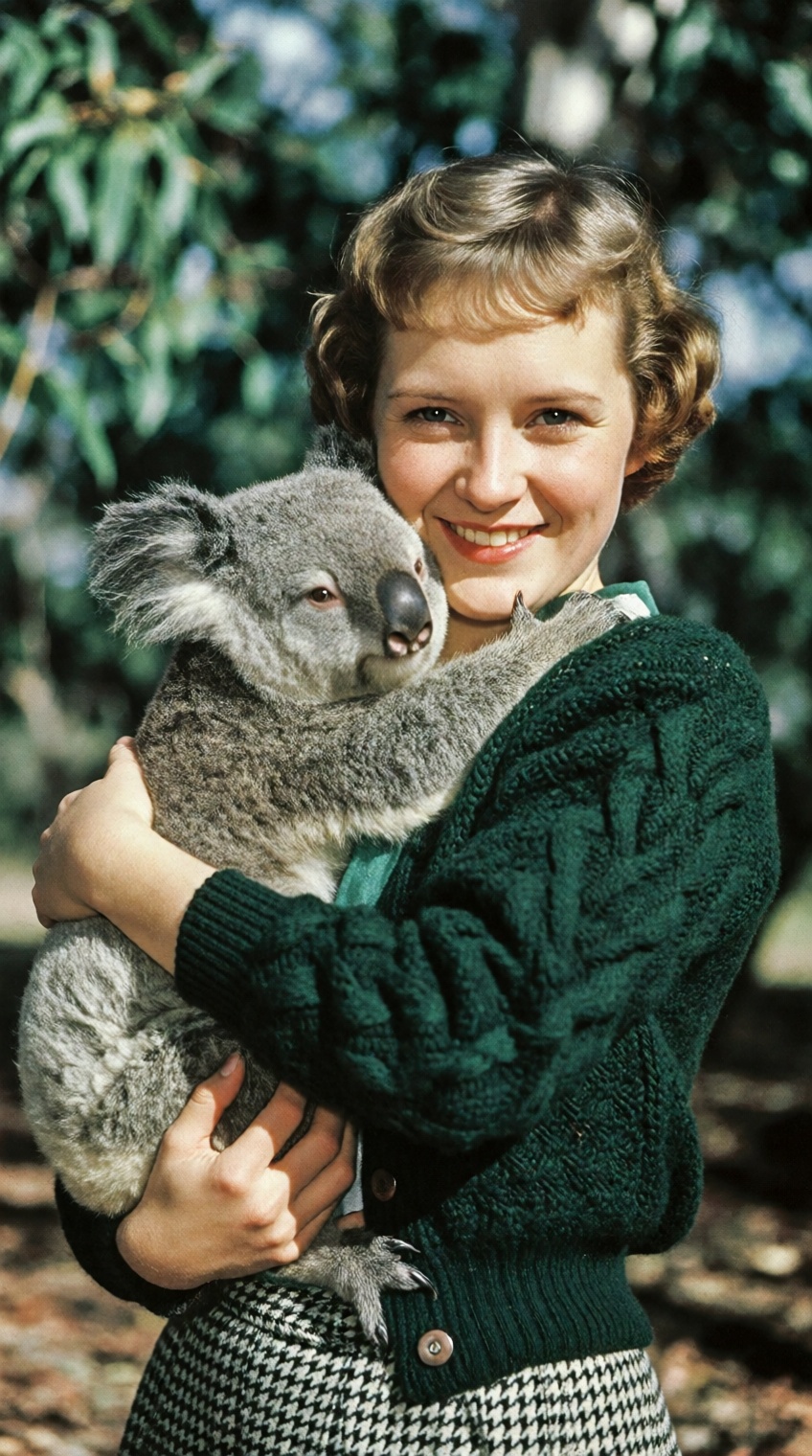 A vintage 1950s outdoor portrait of a young woman with short,  styled light-brown hair,  smiling affectionately while crad...