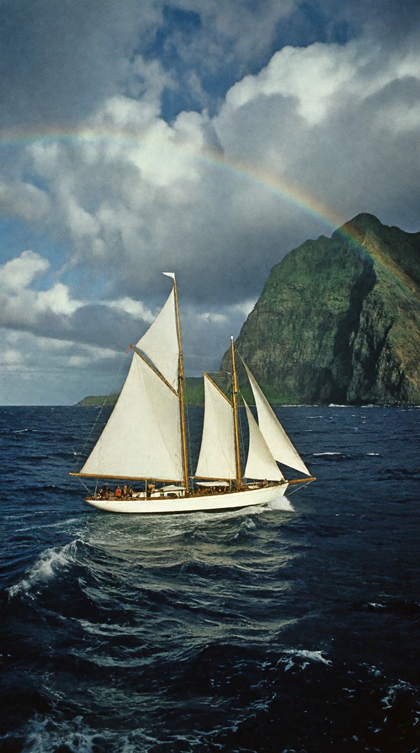 A dramatic vintage 1970s landscape photograph of a classic white dual-masted sailboat navigating deep blue,  choppy ocean...