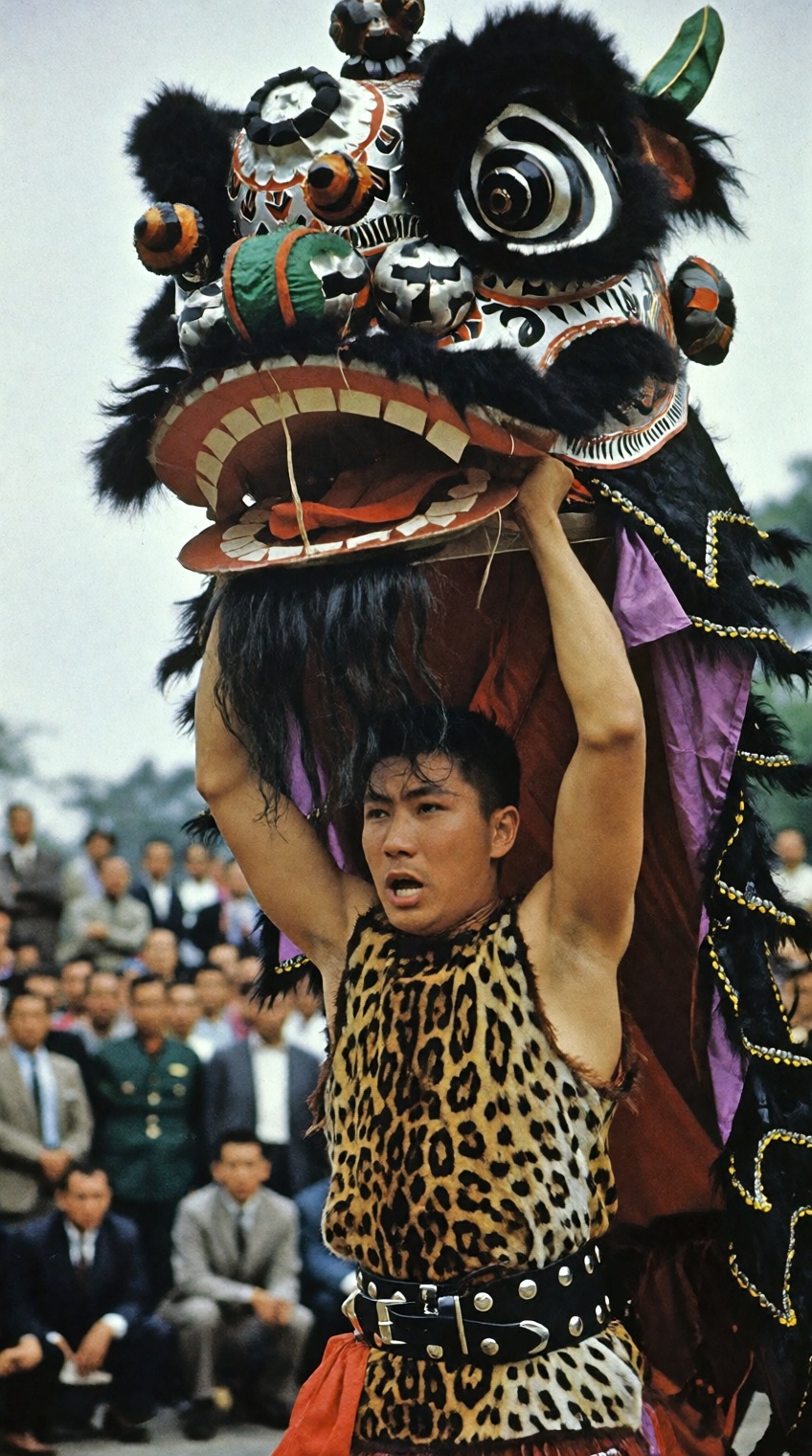 A dynamic 1960s vintage photograph of a Southern Chinese lion dance performance. An athletic Asian male dancer dressed in...