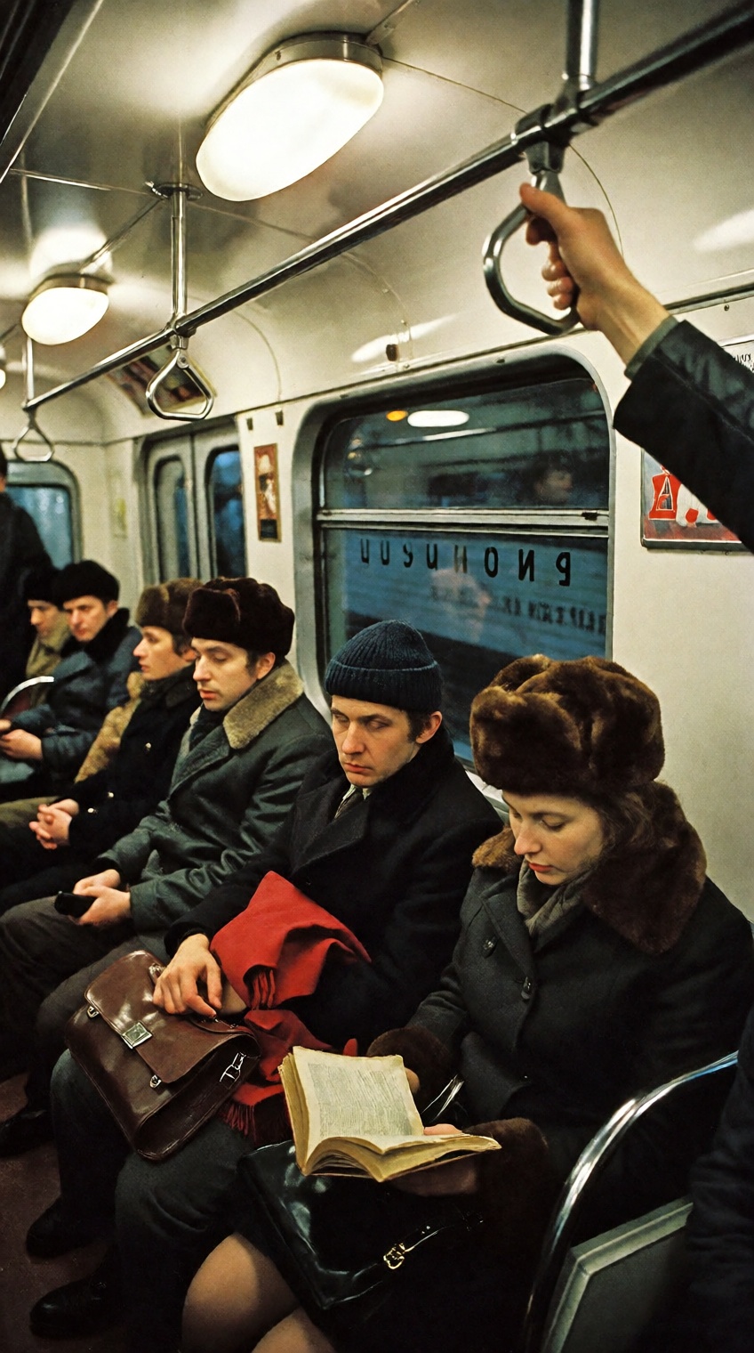 A candid 1970s street photography scene inside a vintage Soviet metro car packed with winter commuters. Passengers clad in...