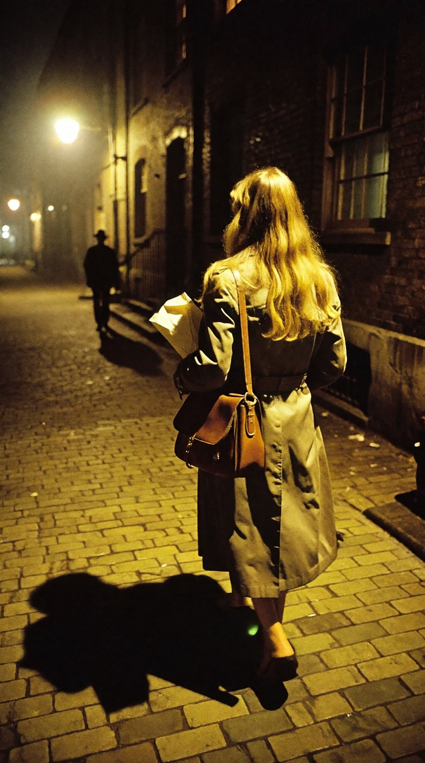 Atmospheric 1970s cinematic street photo of a woman with long,  glowing blonde hair walking down a dark cobblestone alleyw...