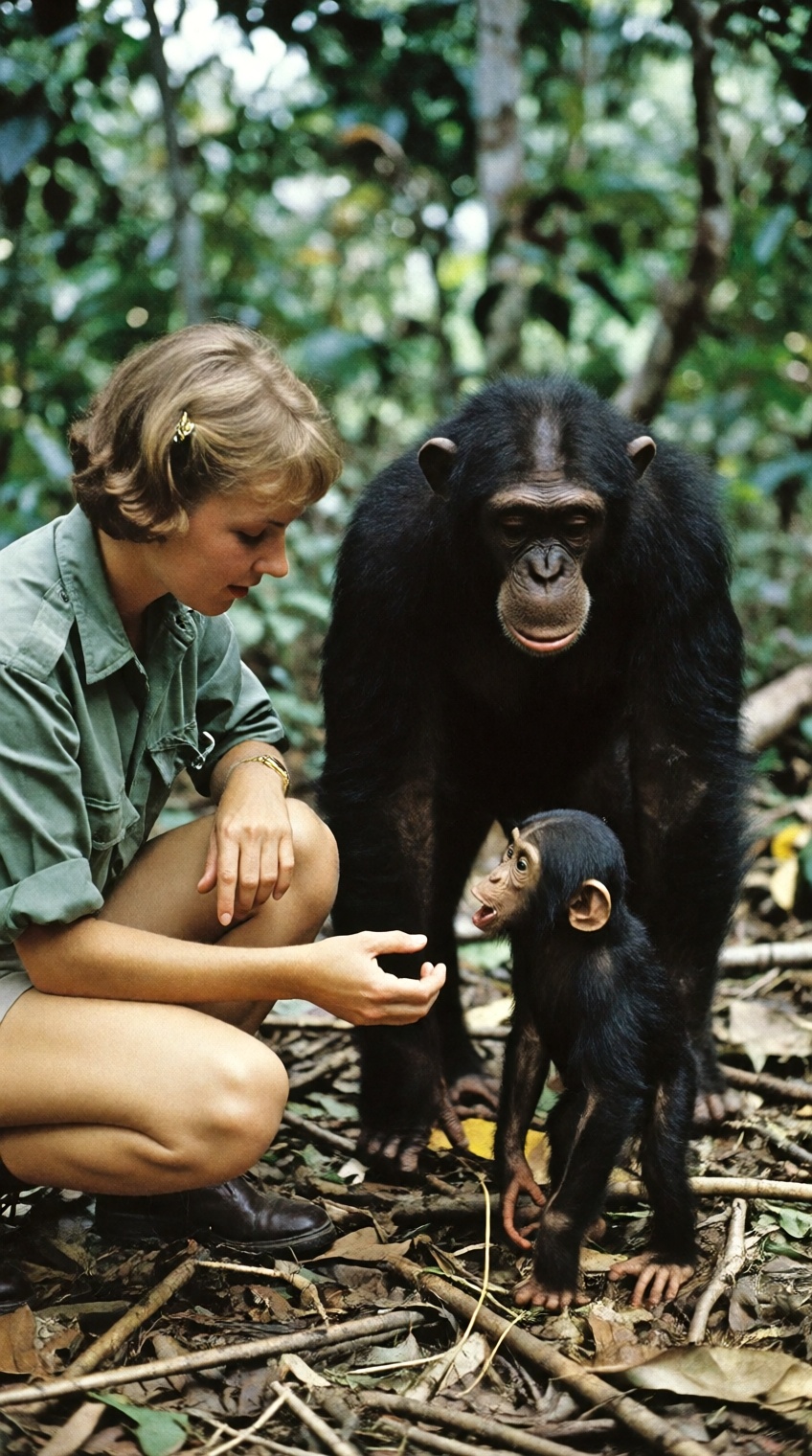 An iconic 1960s documentary photograph of a young female wildlife researcher crouching on the floor of an African tropical...