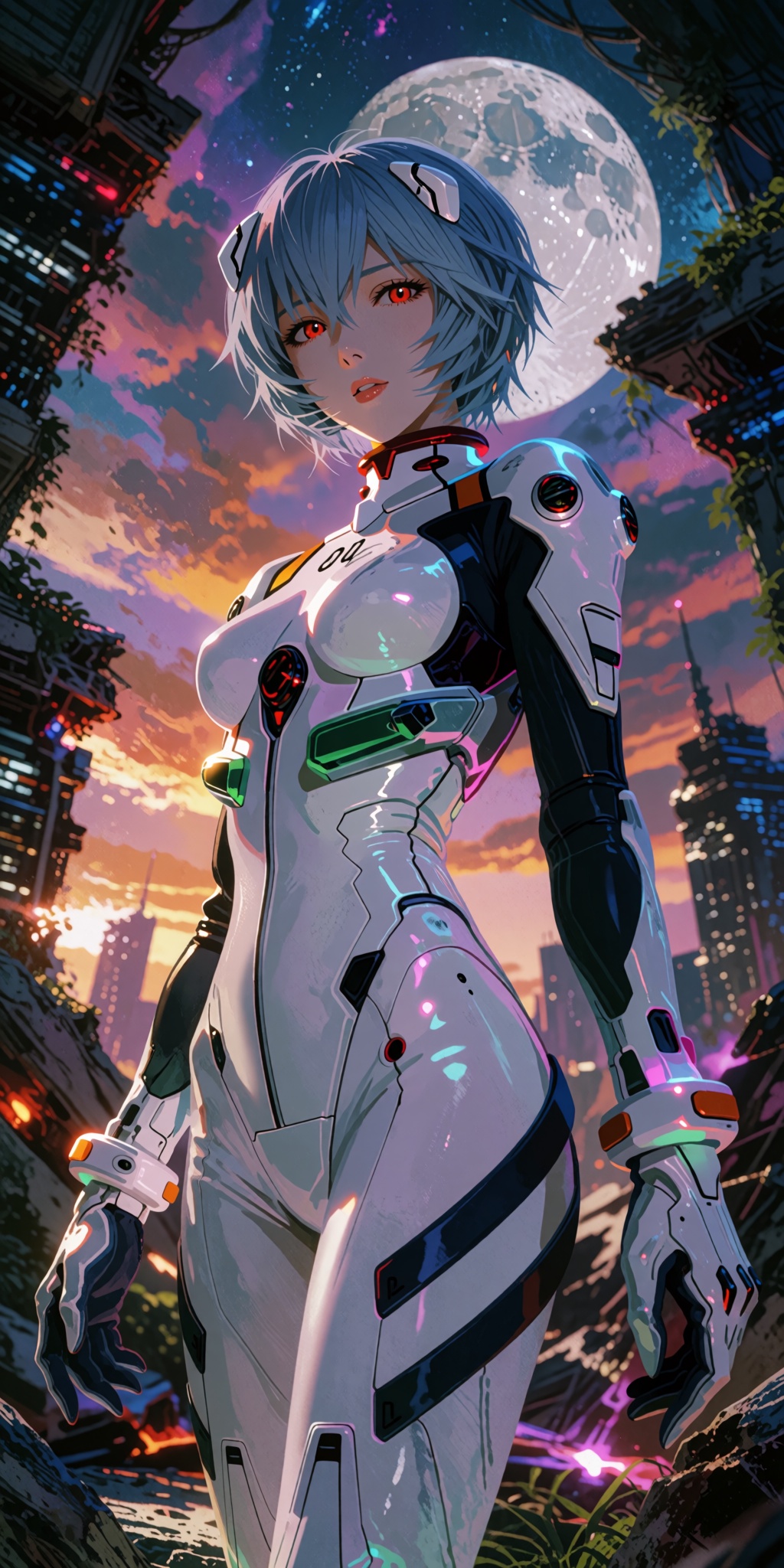 A breathtaking,  ultra-detailed digital art masterpiece of Rei Ayanami standing amidst magnificent,  overgrown cybernetic...