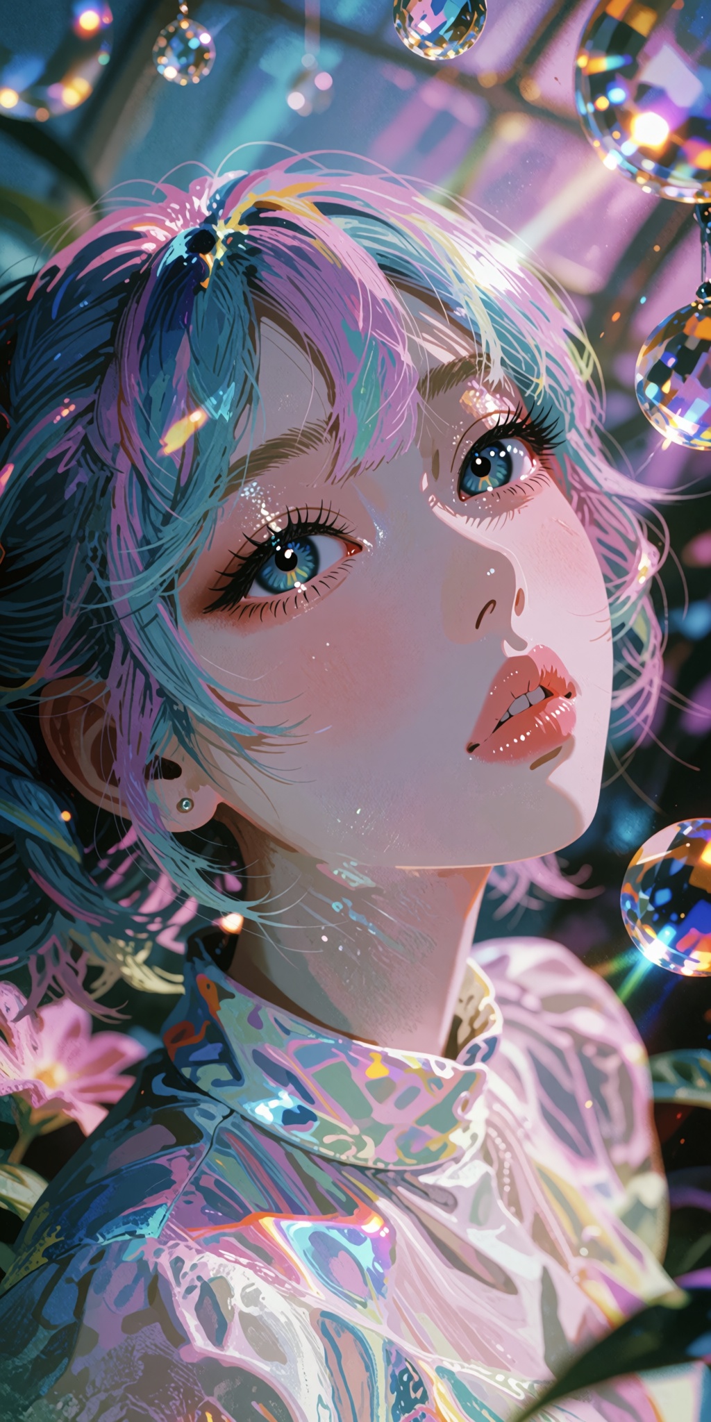 A breathtaking,  ultra-detailed digital art masterpiece of a captivating anime girl featuring mesmerizing multicolored rai...