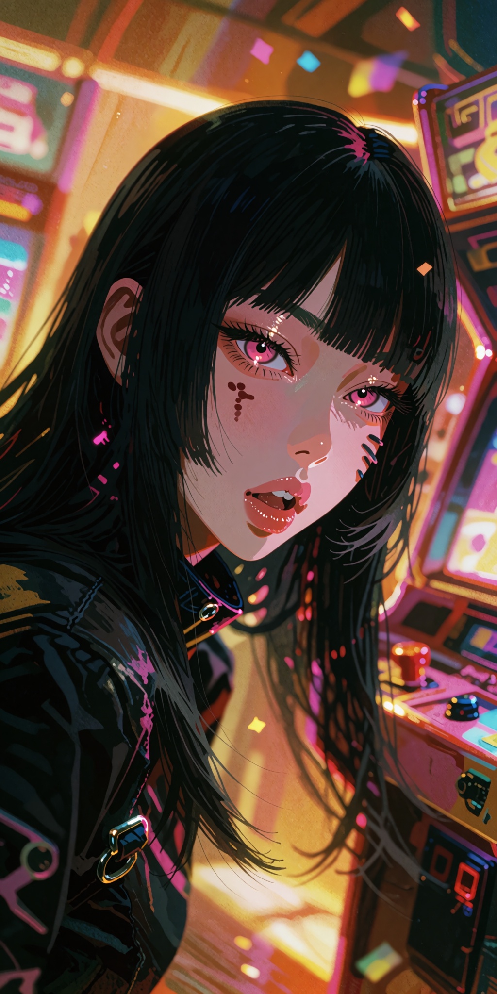A breathtaking,  ultra-detailed digital art masterpiece of a striking anime girl with sleek,  straight long black hair on...