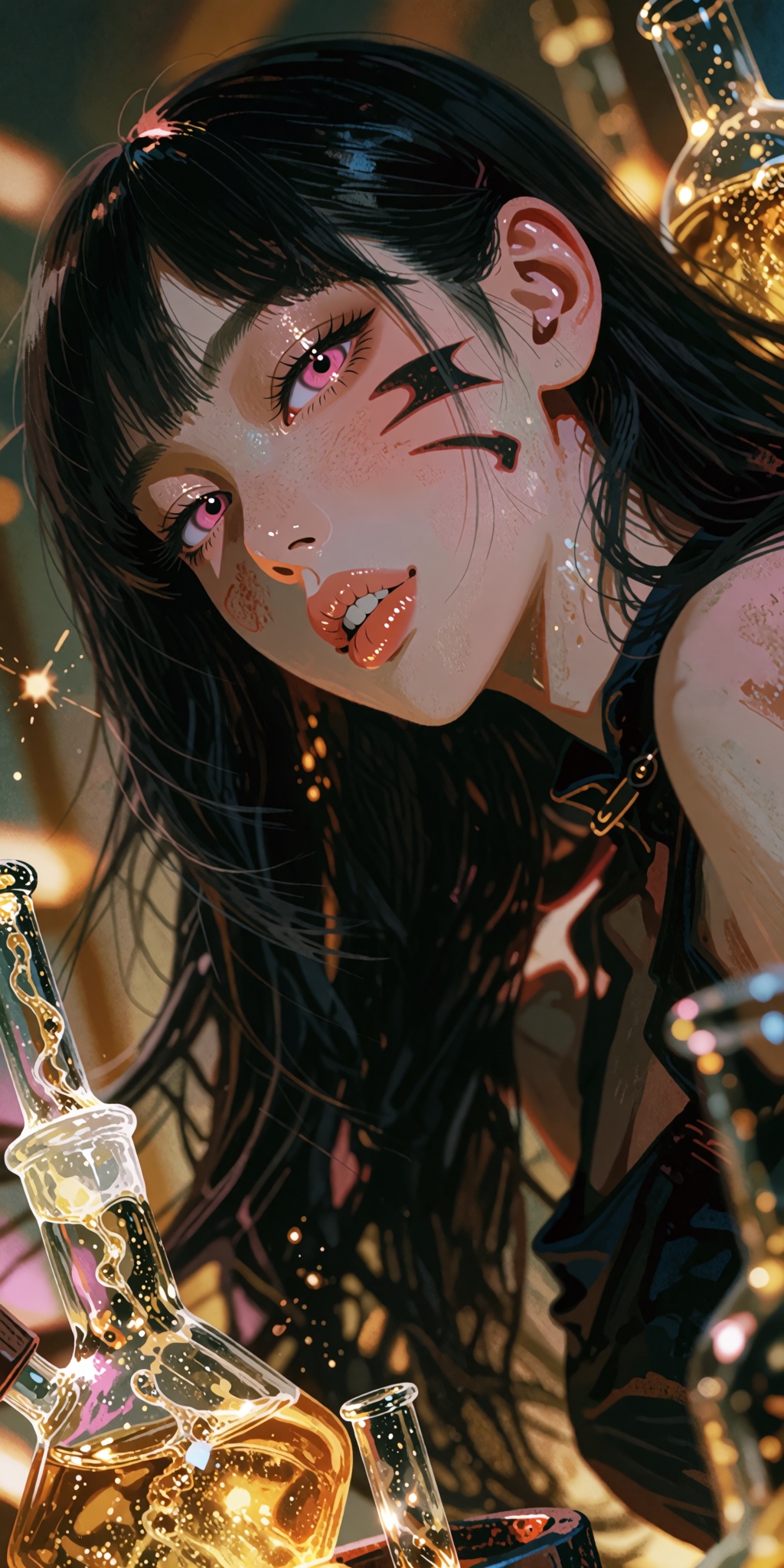 An awe-inspiring,  hyper-detailed digital masterpiece of a charismatic young woman featuring flowing long black hair,  pre...