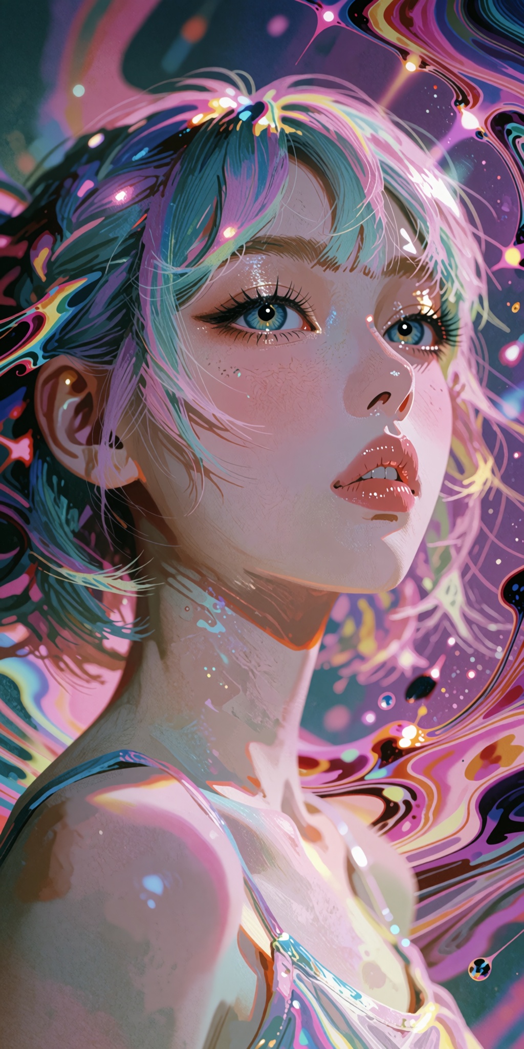 An awe-inspiring,  hyper-detailed digital masterpiece of a young woman with stunning short multicolored hair,  woven with...