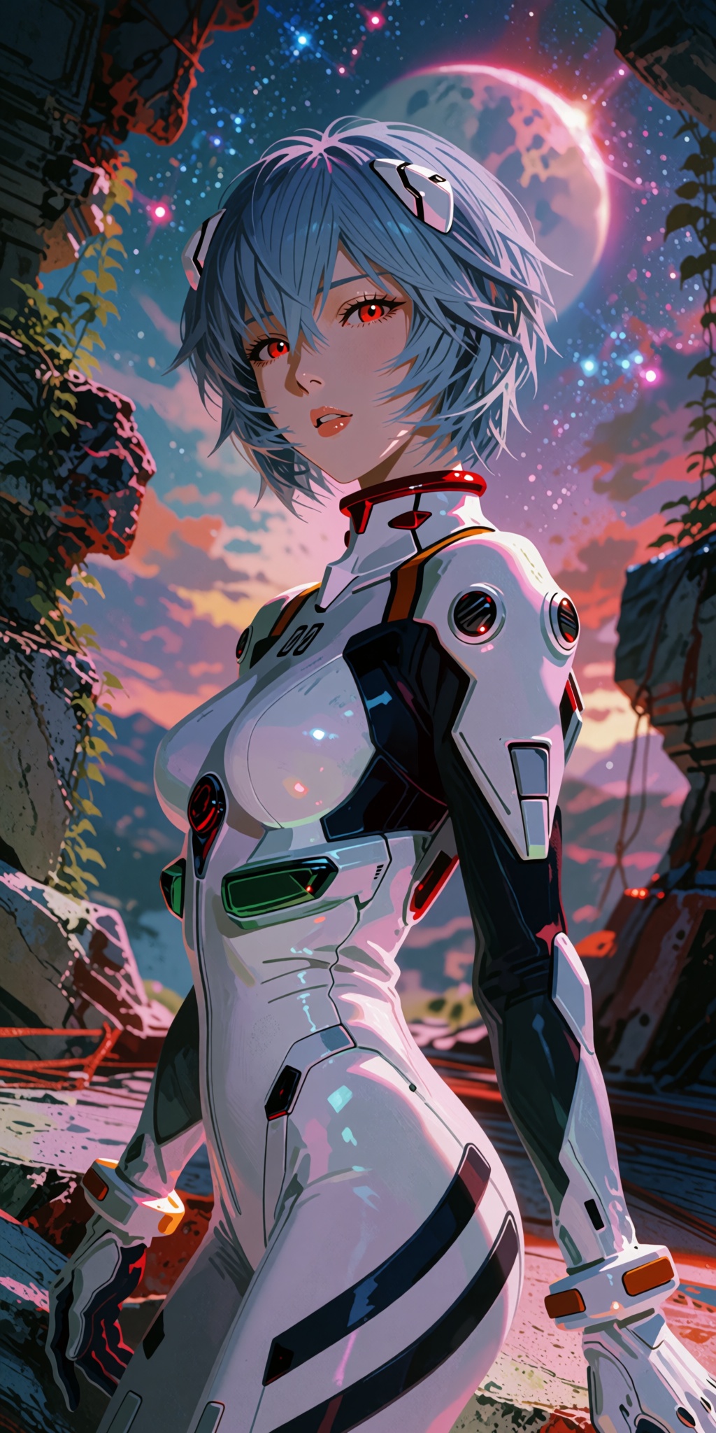 An awe-inspiring,  hyper-detailed digital masterpiece of Rei Ayanami posing gracefully atop a broken concrete and steel ob...