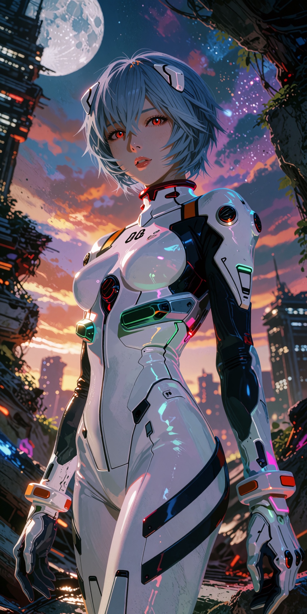 A breathtaking,  ultra-detailed digital art masterpiece of Rei Ayanami standing amidst magnificent,  overgrown cybernetic...
