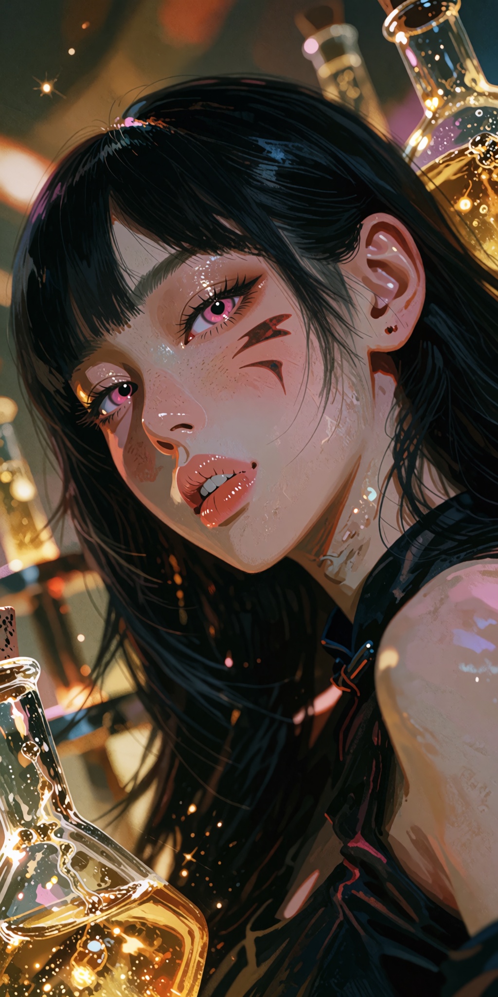 An awe-inspiring,  hyper-detailed digital masterpiece of a charismatic young woman featuring flowing long black hair,  pre...