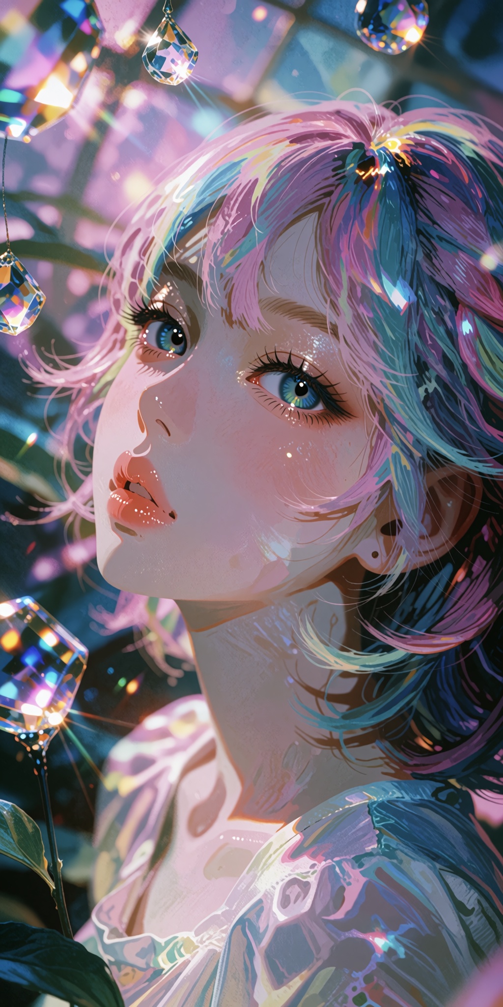 A breathtaking,  ultra-detailed digital art masterpiece of a captivating anime girl featuring mesmerizing multicolored rai...