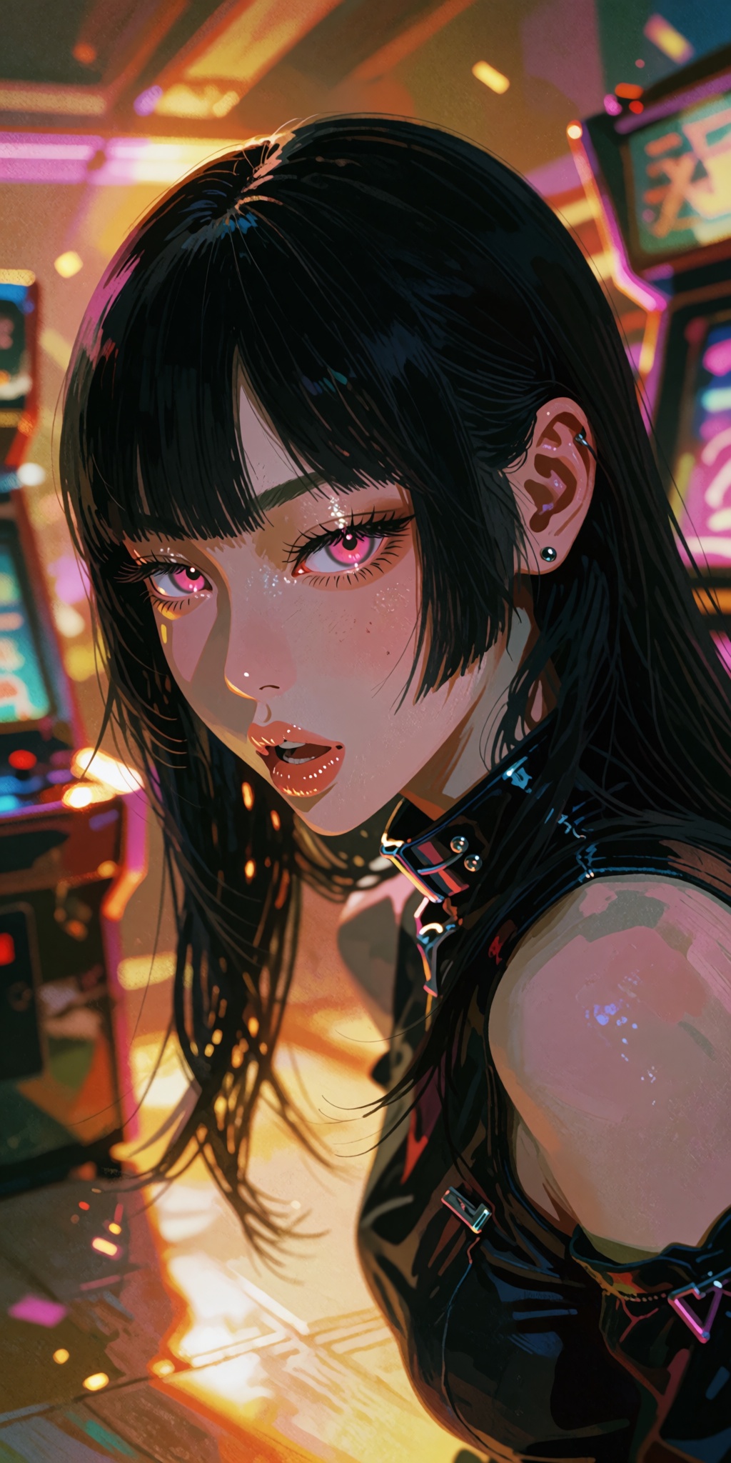 A breathtaking,  ultra-detailed digital art masterpiece of a striking anime girl with sleek,  straight long black hair on...