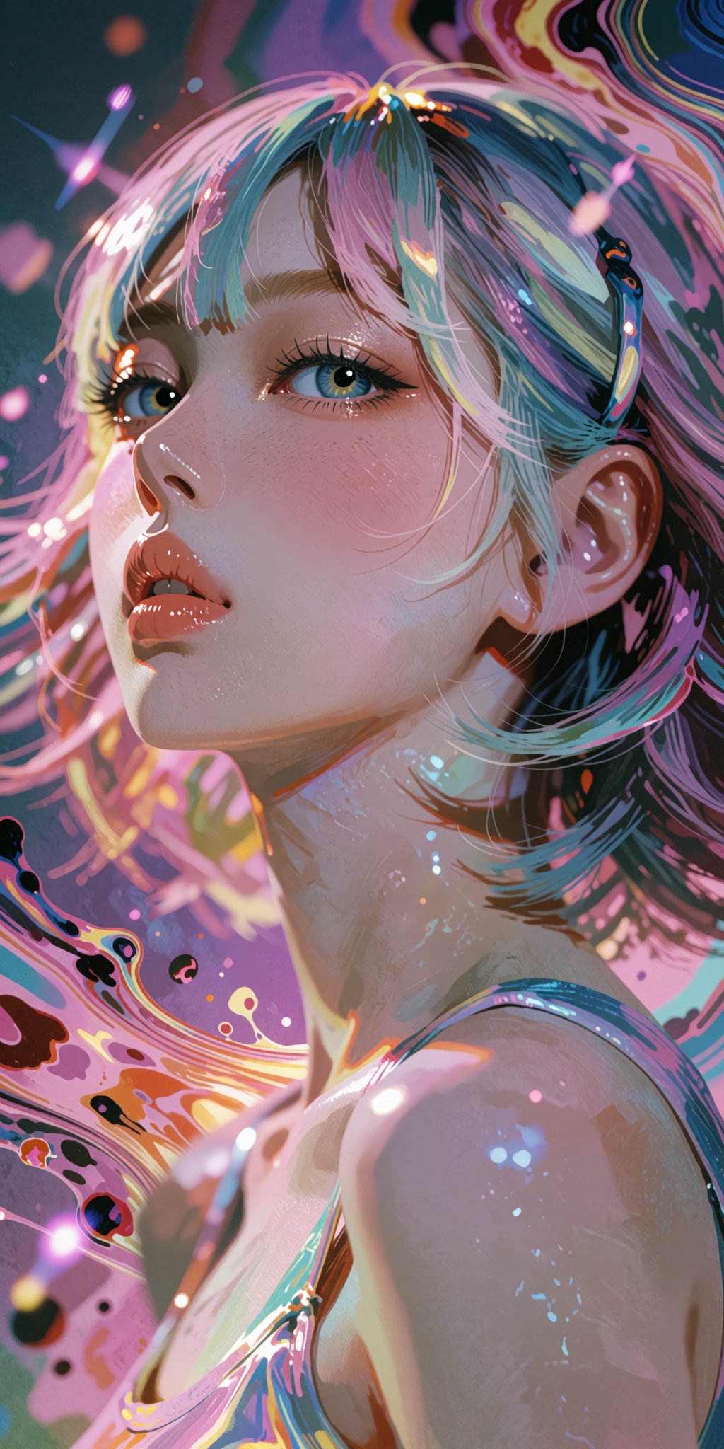 An awe-inspiring,  hyper-detailed digital masterpiece of a young woman with stunning short multicolored hair,  woven with...