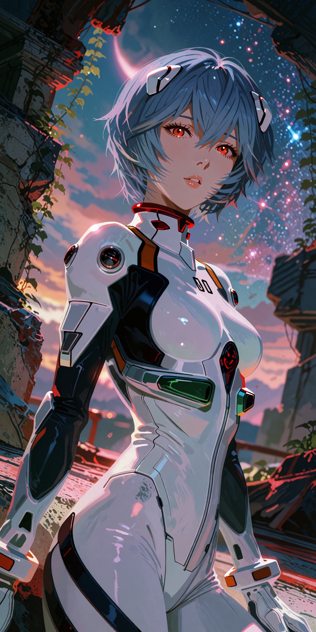 An awe-inspiring,  hyper-detailed digital masterpiece of Rei Ayanami posing gracefully atop a broken concrete and steel ob...