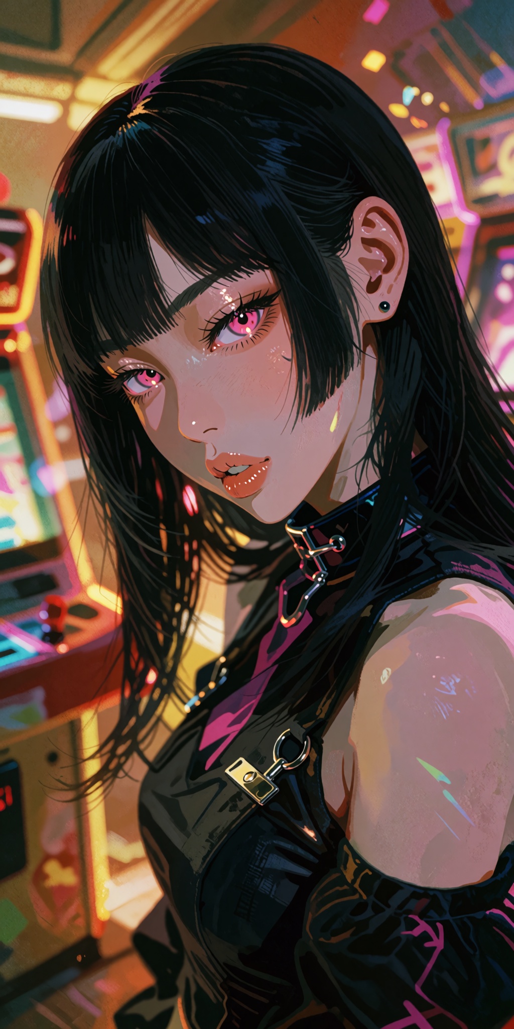 A breathtaking,  ultra-detailed digital art masterpiece of a striking anime girl with sleek,  straight long black hair on...